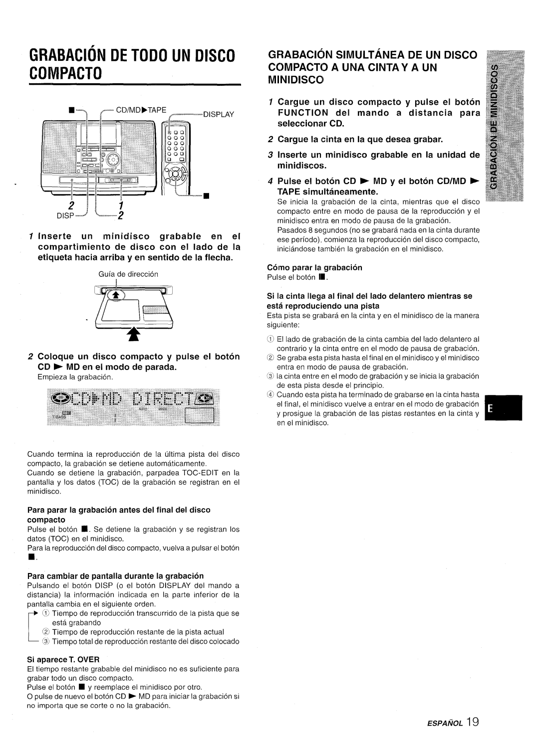 Aiwa CSD-MD50 manual Grabacion DE Todo UN Disco Coivipacto, Inserte un minidisco grabable en la unidad de minidiscos 