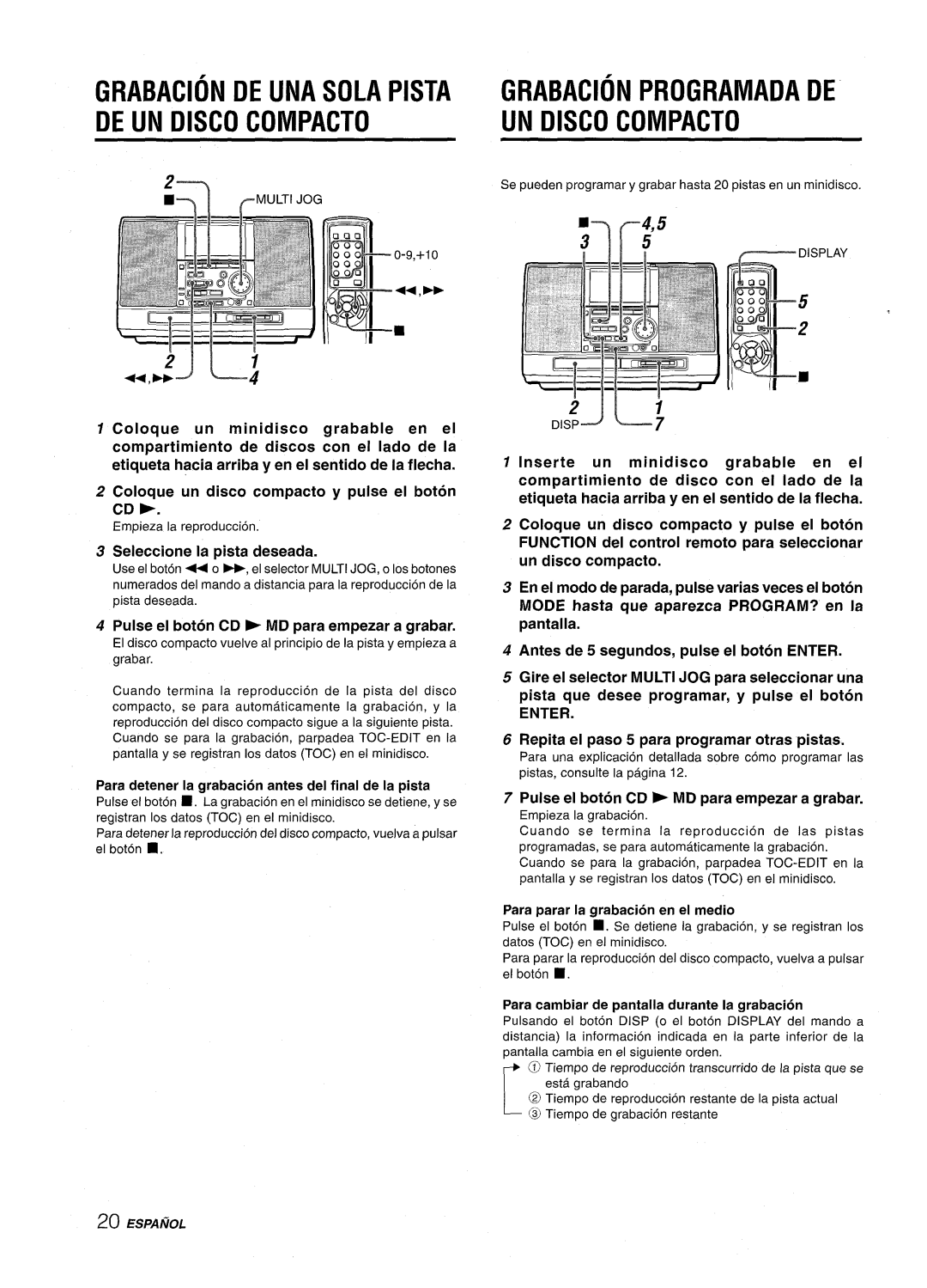 Aiwa CSD-MD50 Grabacion DE UNA Sola Pista DE UN Disco Compacto, Grabacion Programada DE UN Disco Compacto, 000, Enter 