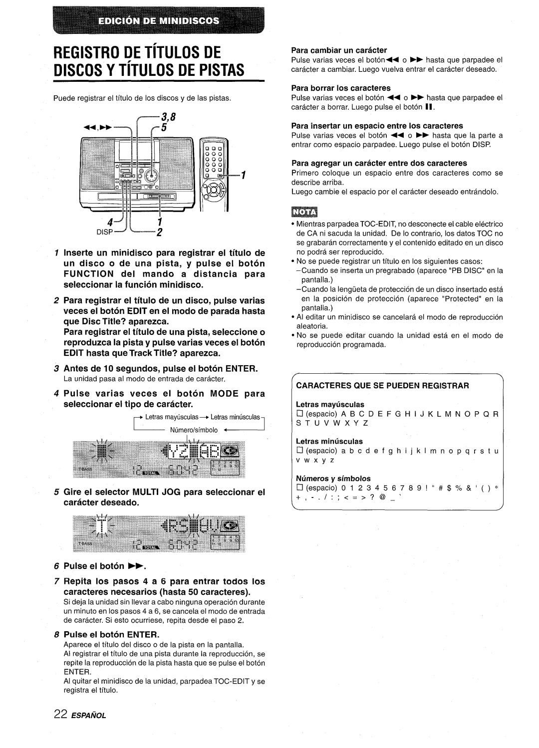 Aiwa CSD-MD50 manual Para Agregar, Dos Caracteres, Caracteres QUE SE Pueden Registrar, Numeros y simbolos 