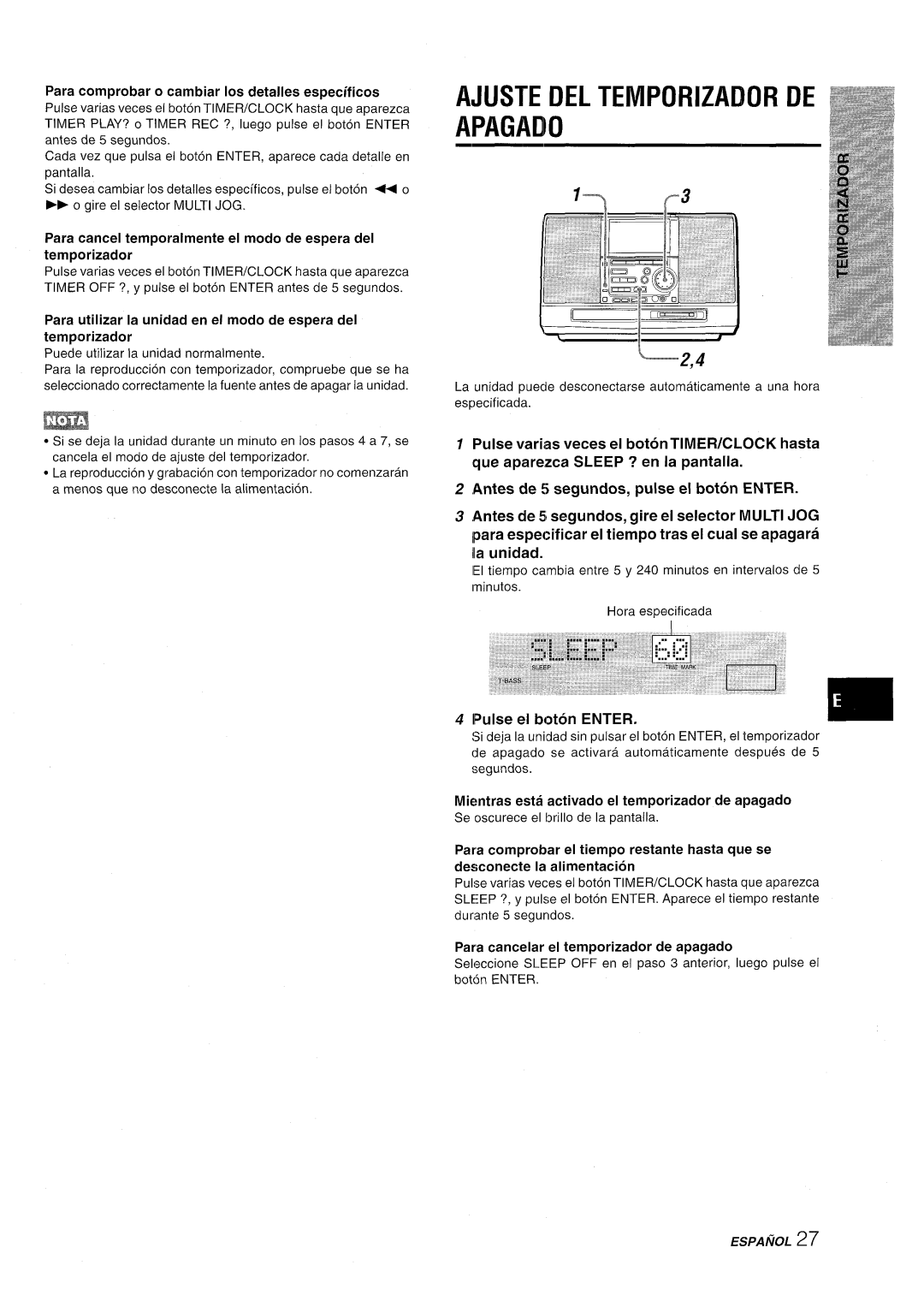 Aiwa CSD-MD50 manual Ajuste DEL Temporizador DE Apagado, ‘2,4, Para comprobar o cambiar Ios detalles especificos 