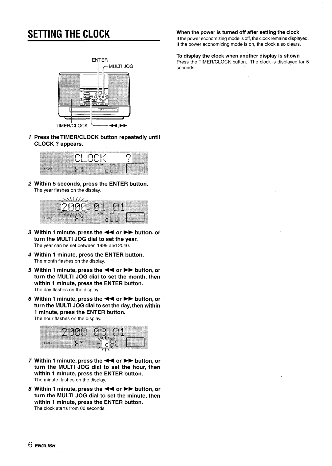 Aiwa CSD-MD50 manual Setting the Clock, Turn the Multi JOG dial to set the year, Within 1 minute, press the Enter button 