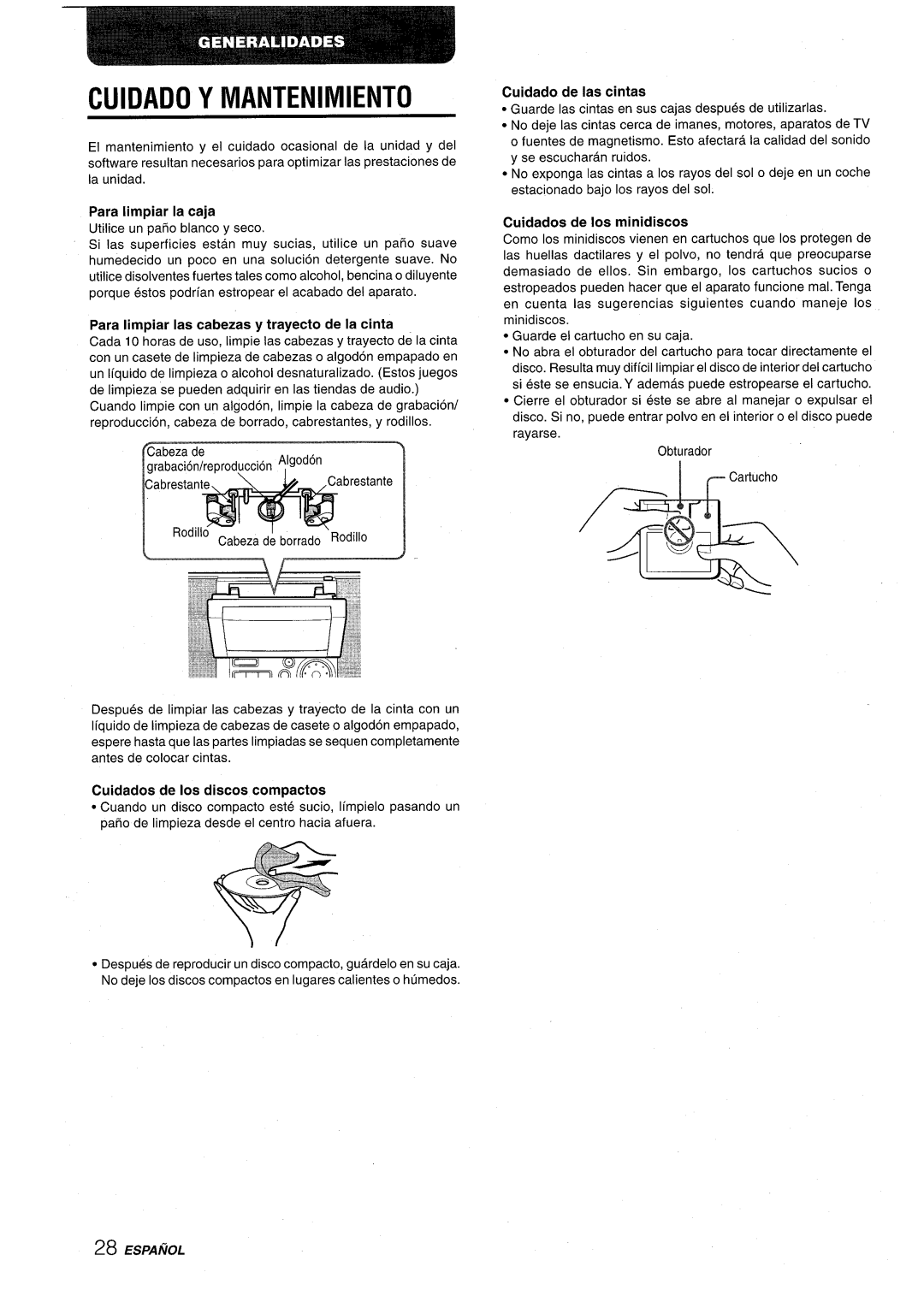 Aiwa CSD-MD50 manual Cuidado Y Mantenimiento, Cuidado de Ias cintas, Cuidados de Ios minidiscos 