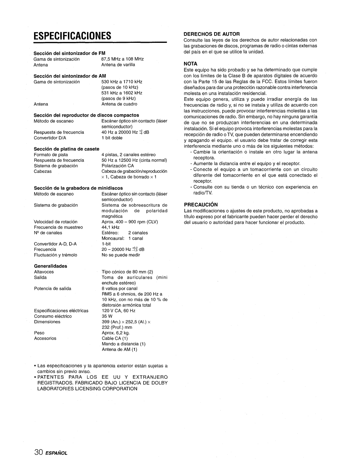 Aiwa CSD-MD50 manual Especificaciones 