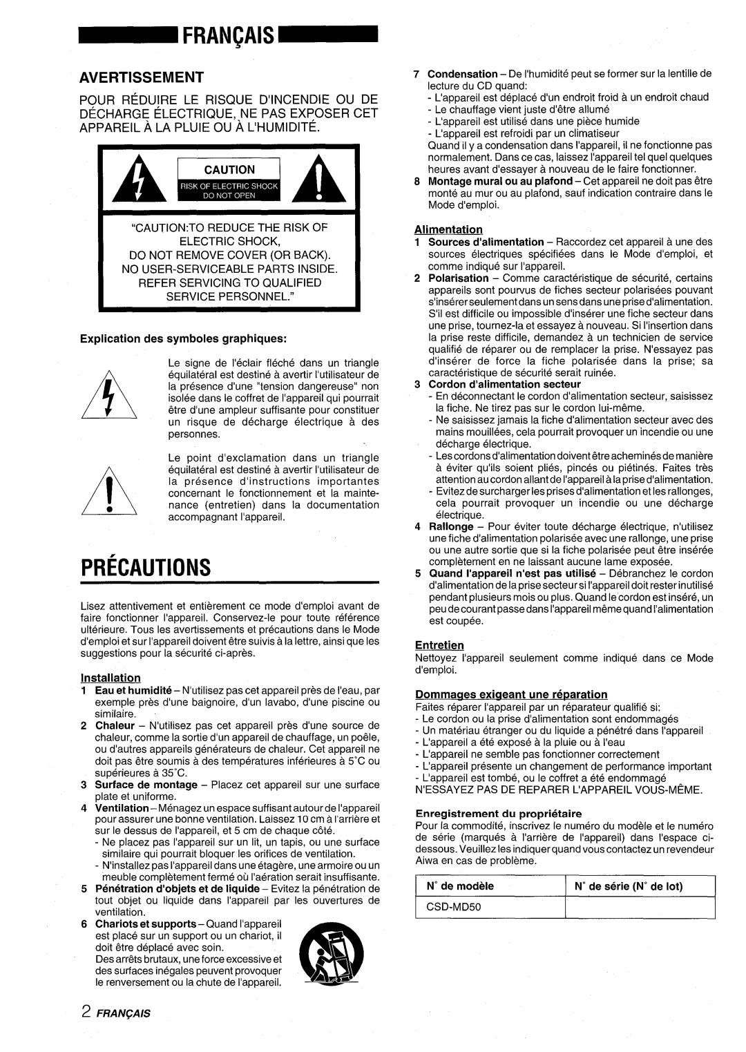 Aiwa CSD-MD50 manual Avertissement 