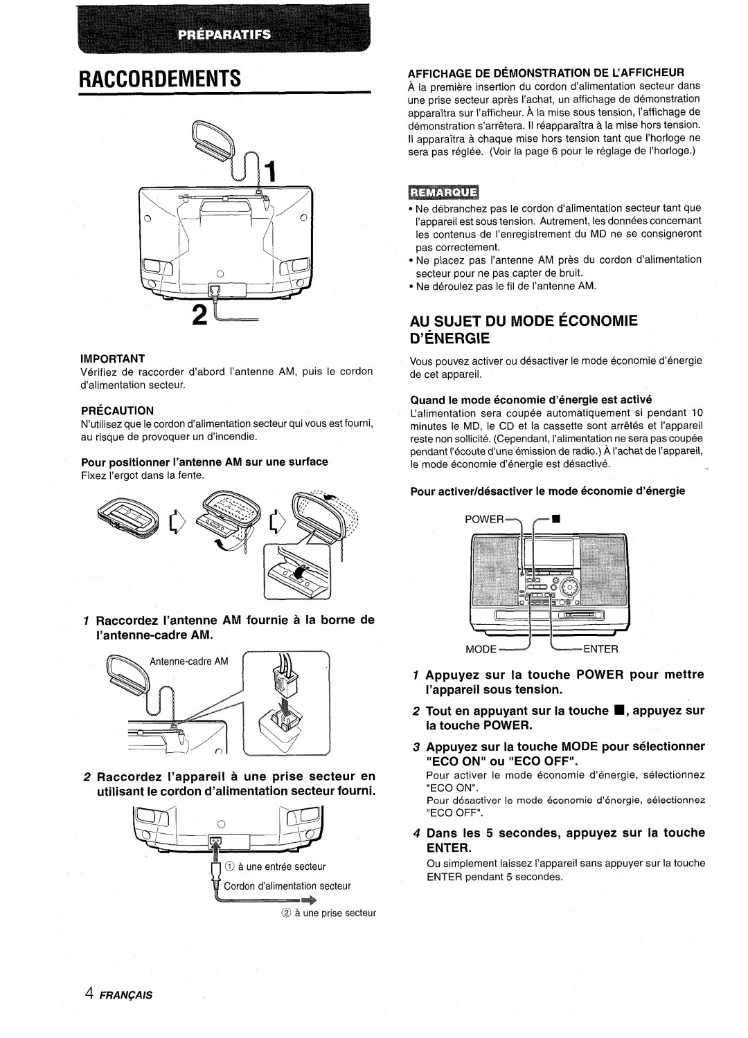 Aiwa CSD-MD50 manual Raccordements, AuzSUJET DU Mode Economie, ’Energie, Dans Ies 5 secondes, appuyez sur la touche 