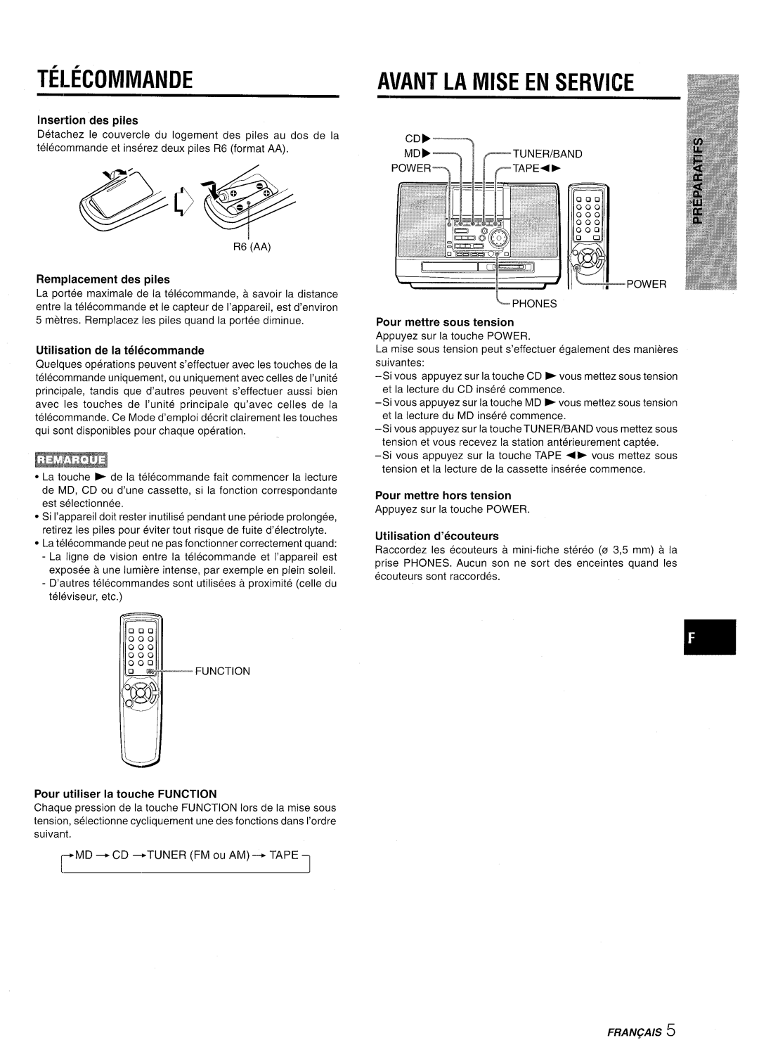 Aiwa CSD-MD50 manual Telecommande, Avant LA Mise EN Service 