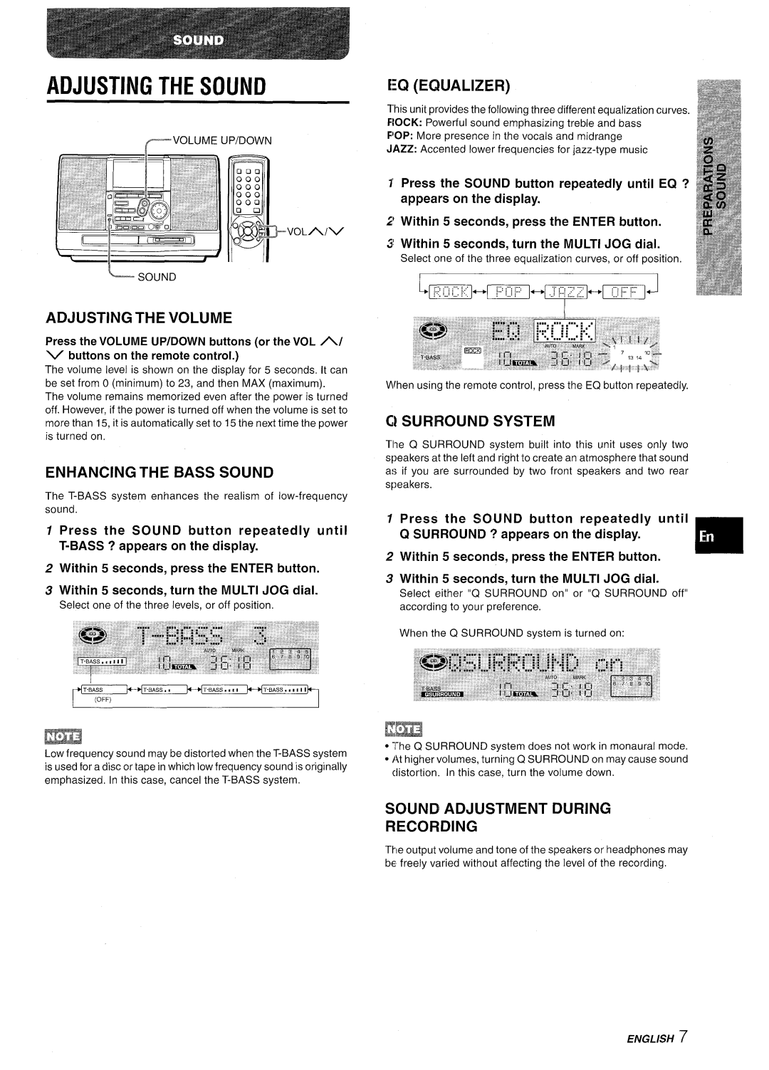 Aiwa CSD-MD50 manual Adjusting the Sound 