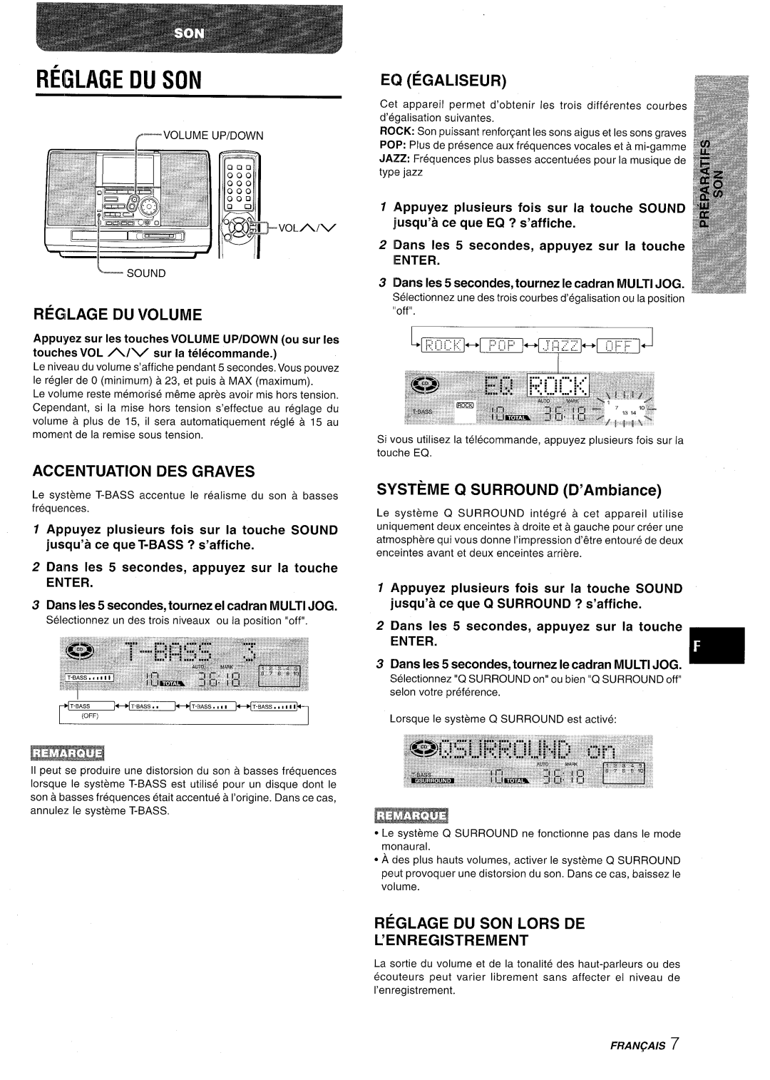 Aiwa CSD-MD50 manual Reglage DU SON, E2 Egaliseur, Reglage DU Volume, Accentuation DES Graves 