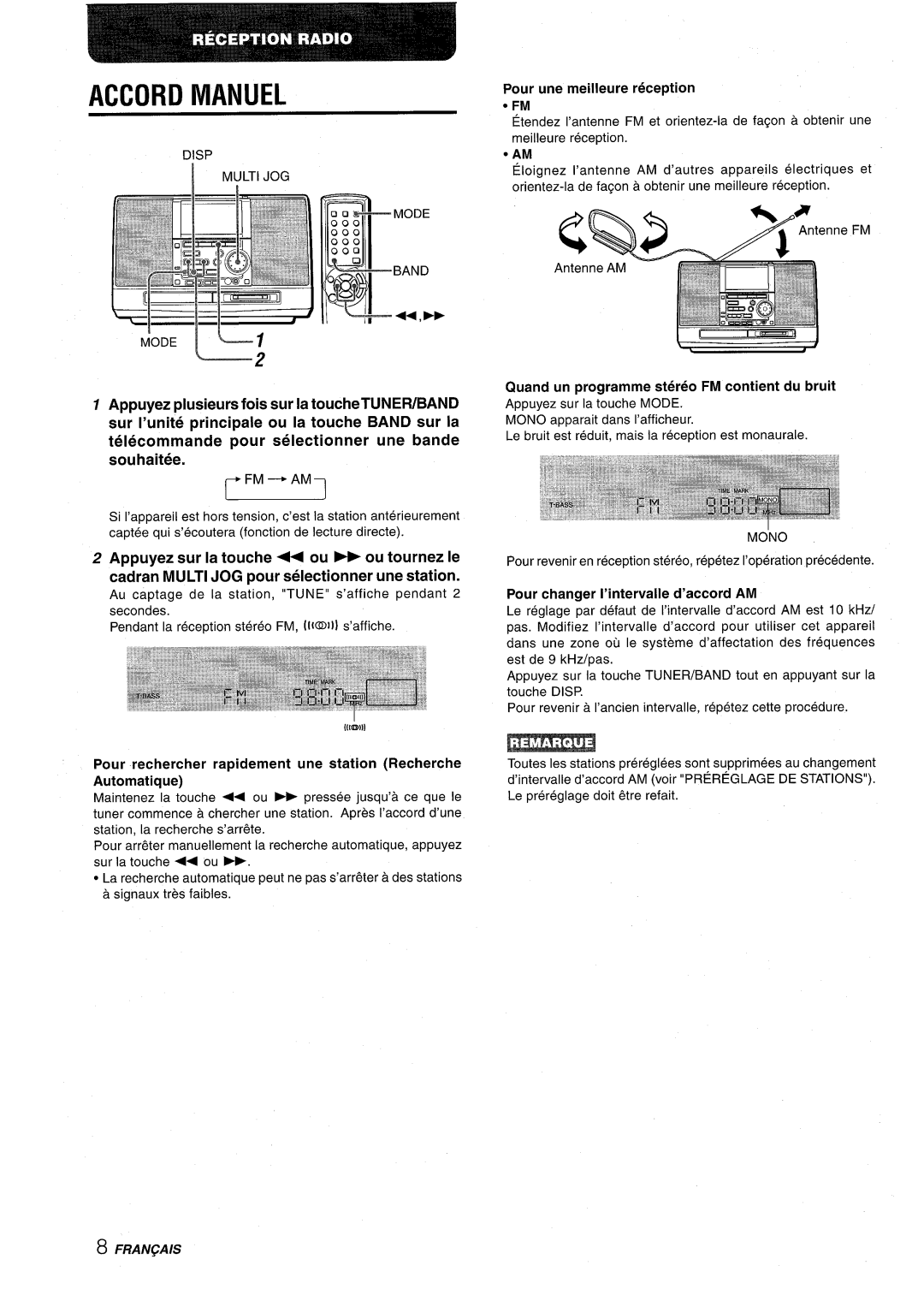 Aiwa CSD-MD50 manual Accord Manuel, Pour une meilleure reception, Quand un programme stereo FM contient du bruit 