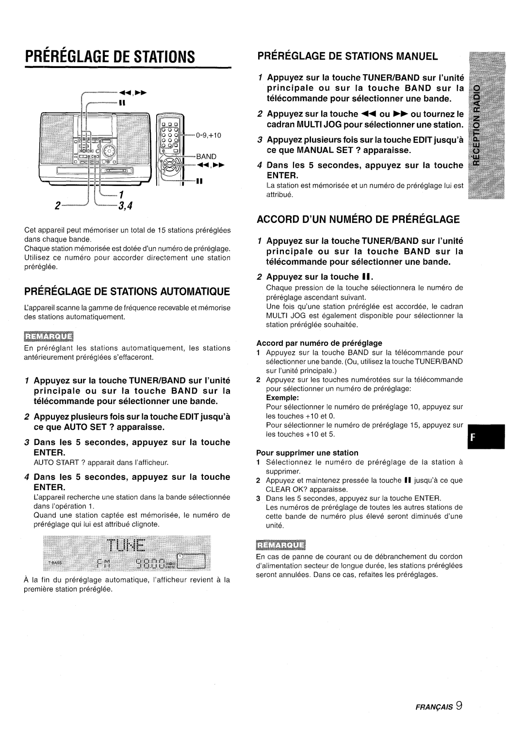 Aiwa CSD-MD50 manual Preireglage DE Stations Automatique, P13EREGLAGE DE Stations Manuel, Accord D’UN Numero DE PRERgGLAGE 