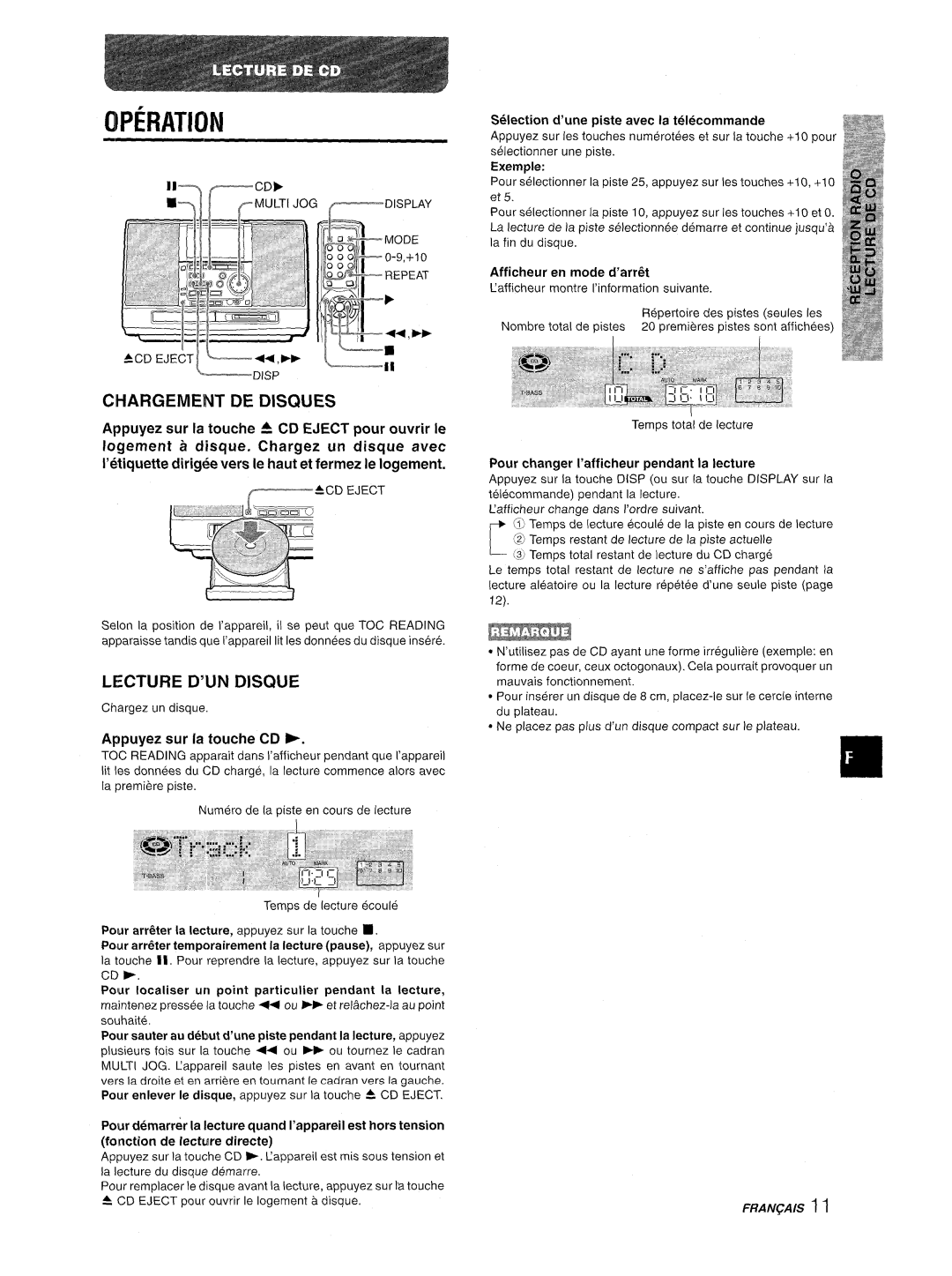 Aiwa CSD-MD50 manual Ci-Iargement De Discn.Jes, Lecture D’UN Disque, Appuyez sur la touche CD 