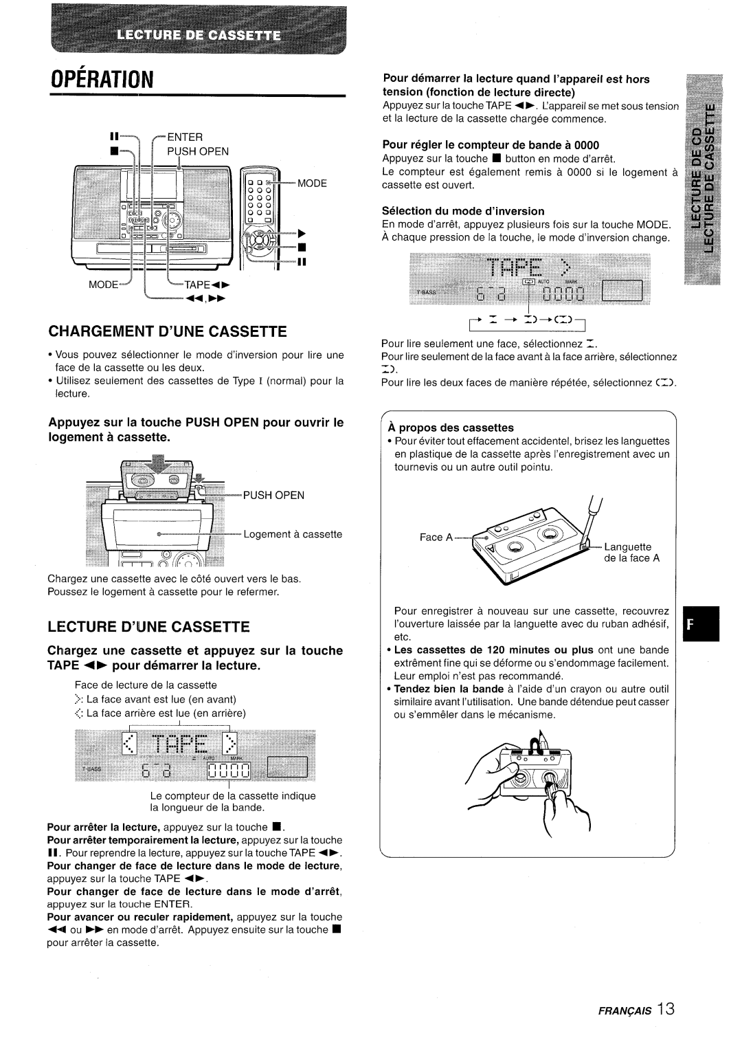 Aiwa CSD-MD50 manual CI-IARGEMENT D’UNE Cassette, Lecture D’LJNE Cassette 