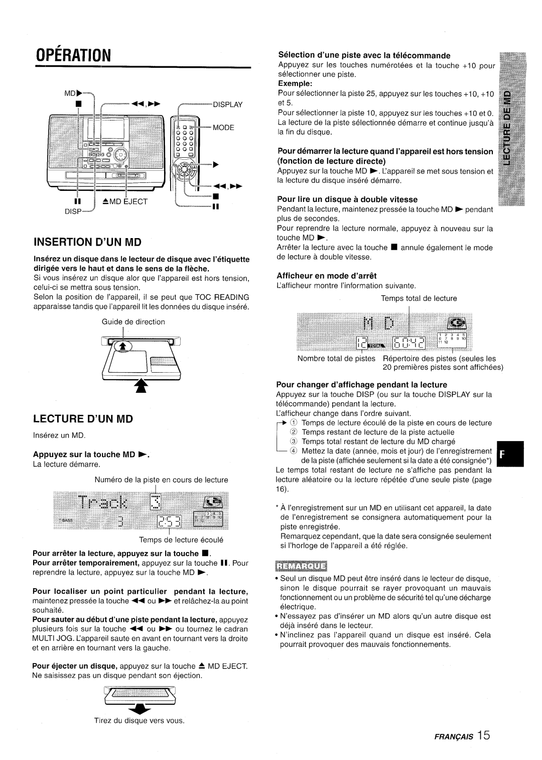 Aiwa CSD-MD50 manual Lecture D’UN MD 