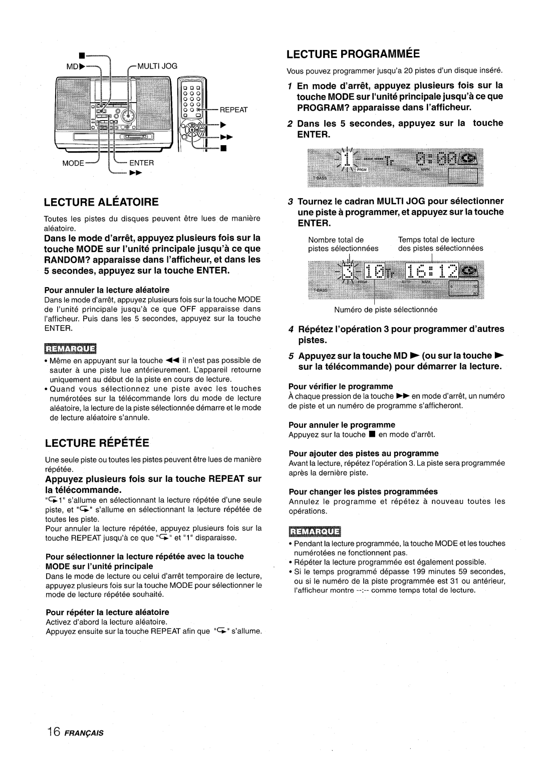 Aiwa CSD-MD50 manual Touche Mode sur I’unite principal Jusqu’a, Pour annuler la lecture aleatoire, Repeat 