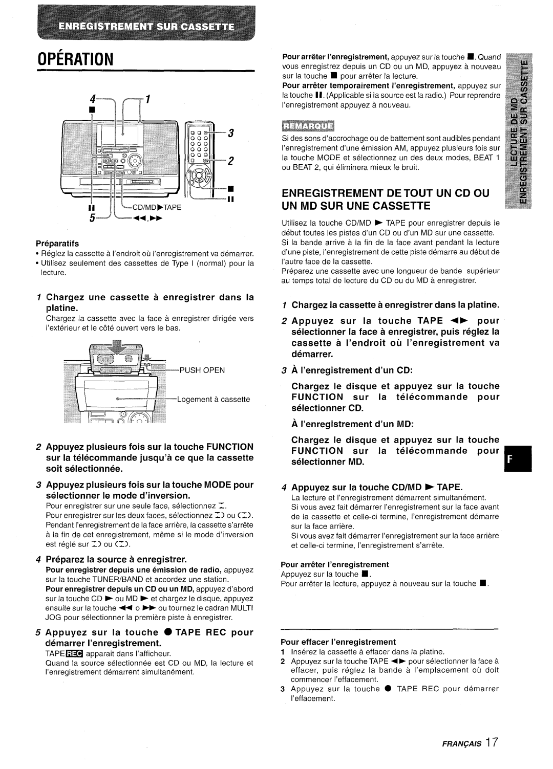 Aiwa CSD-MD50 manual Enregistrement Detout UN CD OU UN MD SUR UNE Cassette, Pr6parat ifs, Preparez la source a enregistrer 