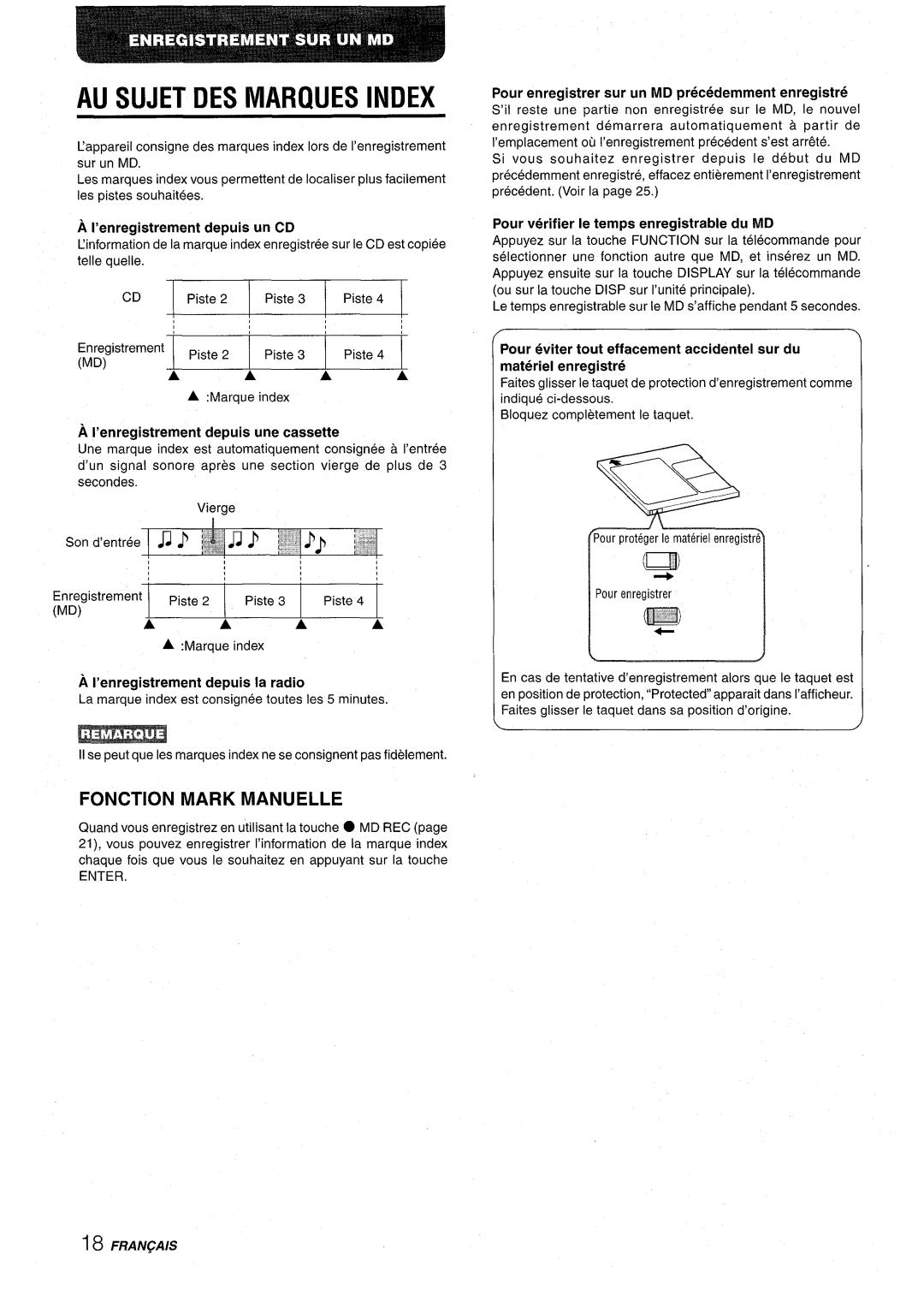 Aiwa CSD-MD50 manual AU Sujet DES Marques Index, Fonction Mark Manuelle 