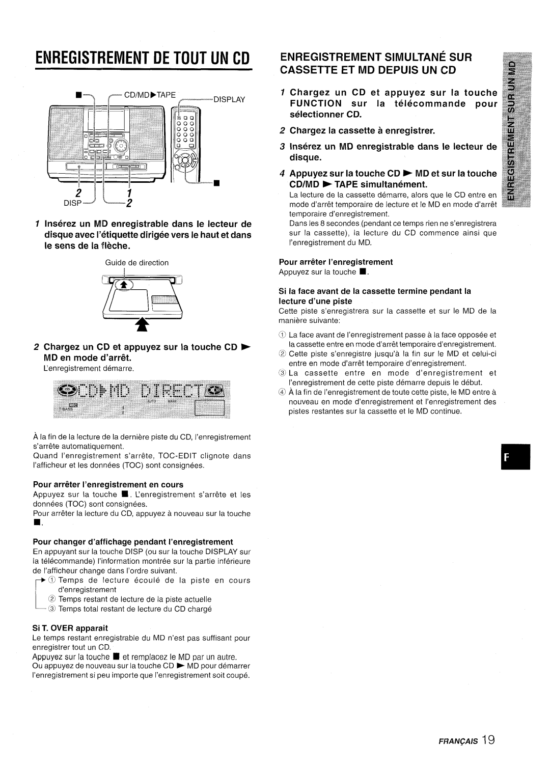 Aiwa CSD-MD50 manual Enregistrement SIMULTAN~ SUR Icassette ET MD DEplJls UN CD, Si T. Over apparait, Fran~A/S 