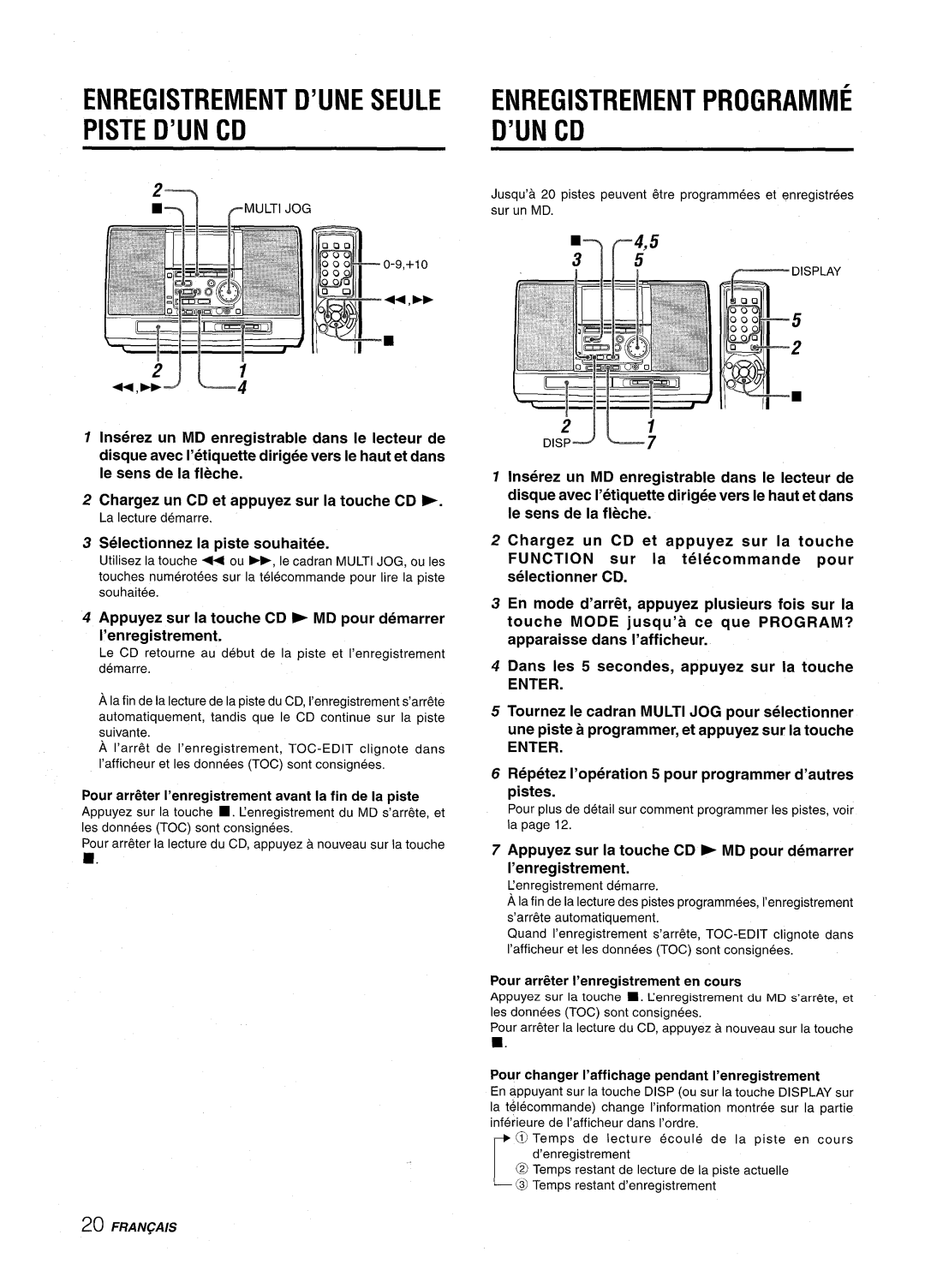 Aiwa CSD-MD50 manual Enregistrement D’UNE Seule Piste D’UN CD, Enregistrement Programme ’UN- CD 