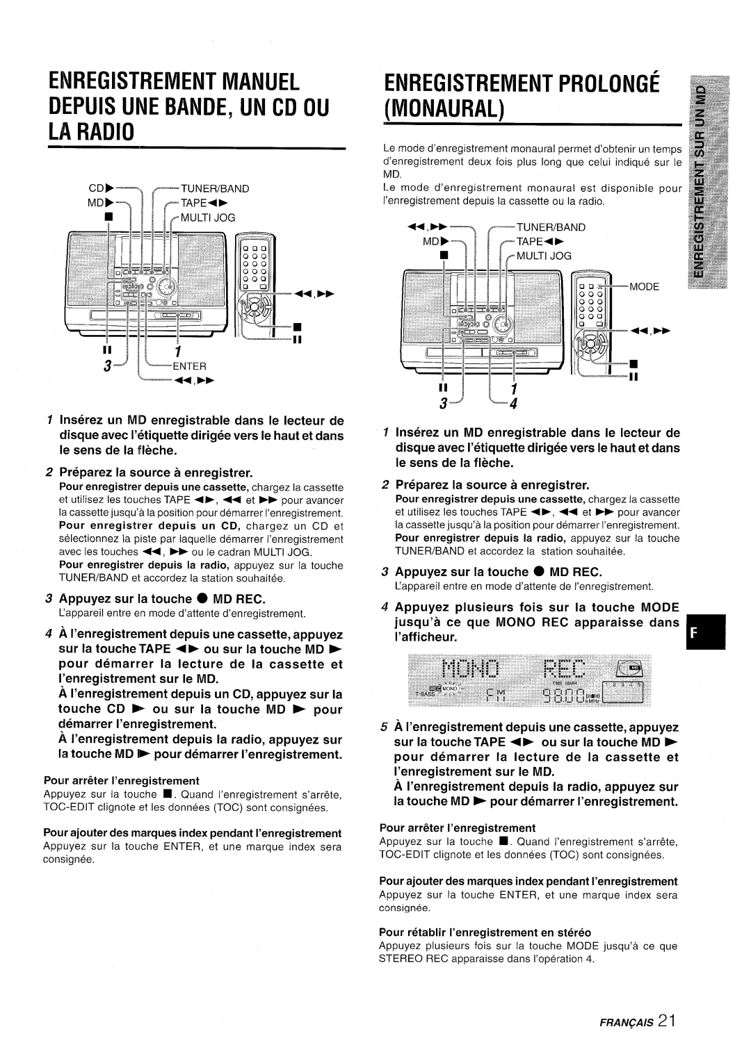 Aiwa CSD-MD50 manual Enregistrement Manuel Depuis UNE BANDE, UN CD OU LA Radio, Enregistrement Prolonge Monaural 