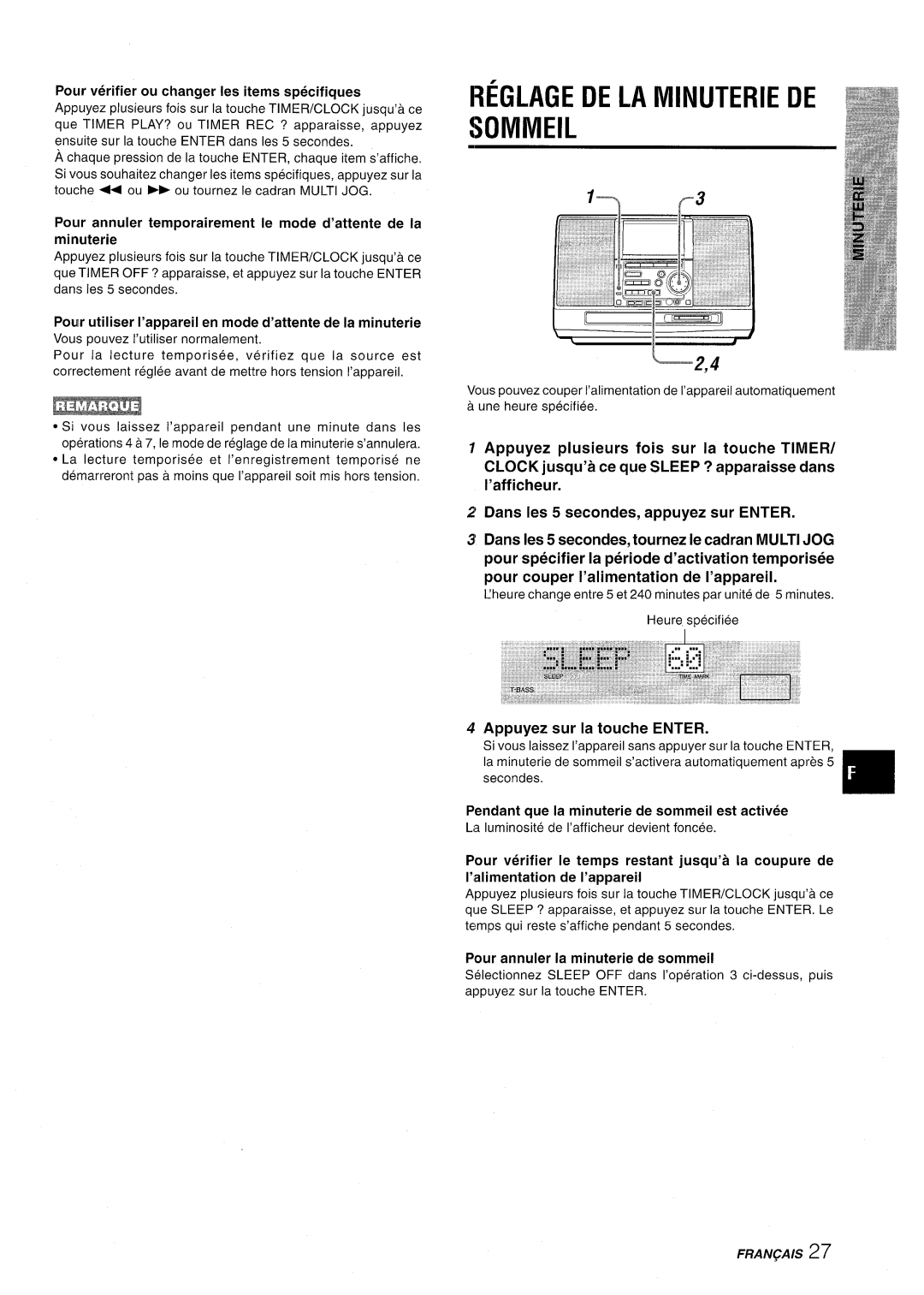 Aiwa CSD-MD50 manual Reglage DE LA Minuterie DE Sommeil, Pour utiliser I’appareil en mode d’attente de la minuterie 