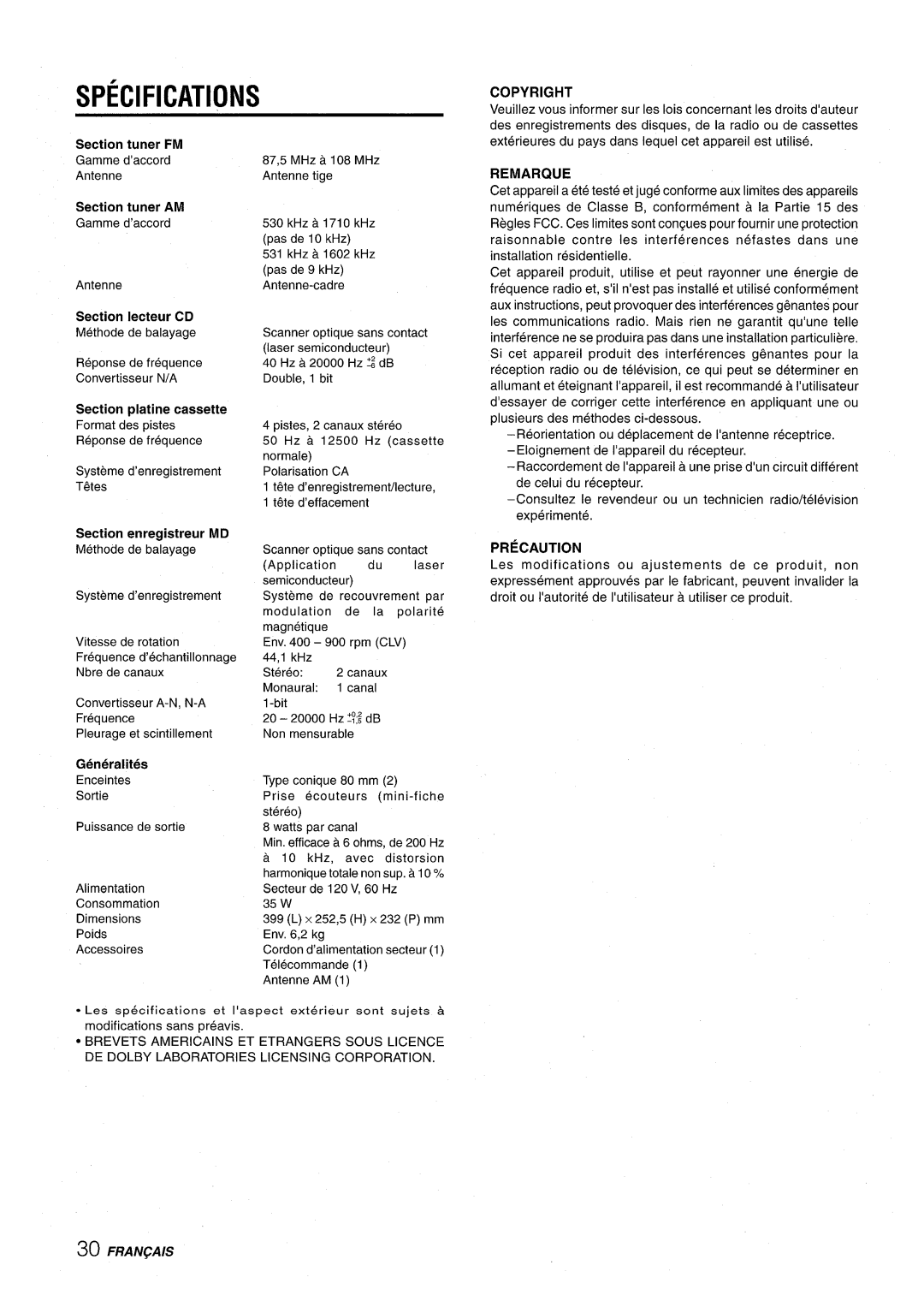 Aiwa CSD-MD50 manual Specifications, Copyright 