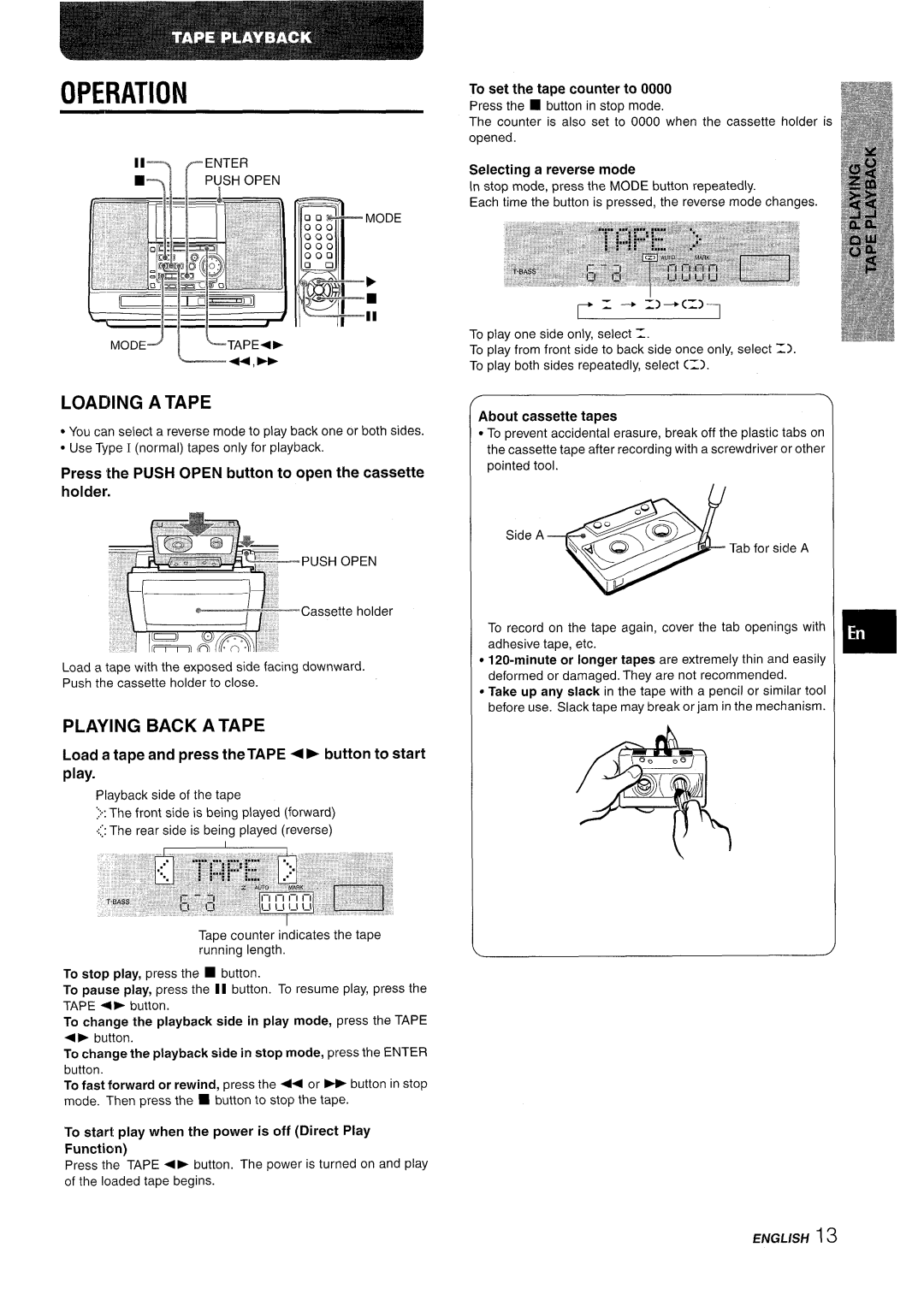 Aiwa CSD-MD50 manual ENGLISH13, Loading A Tape, Playing Back A Tape, Operation, r =-+=+=, Selecting a reverse mode 
