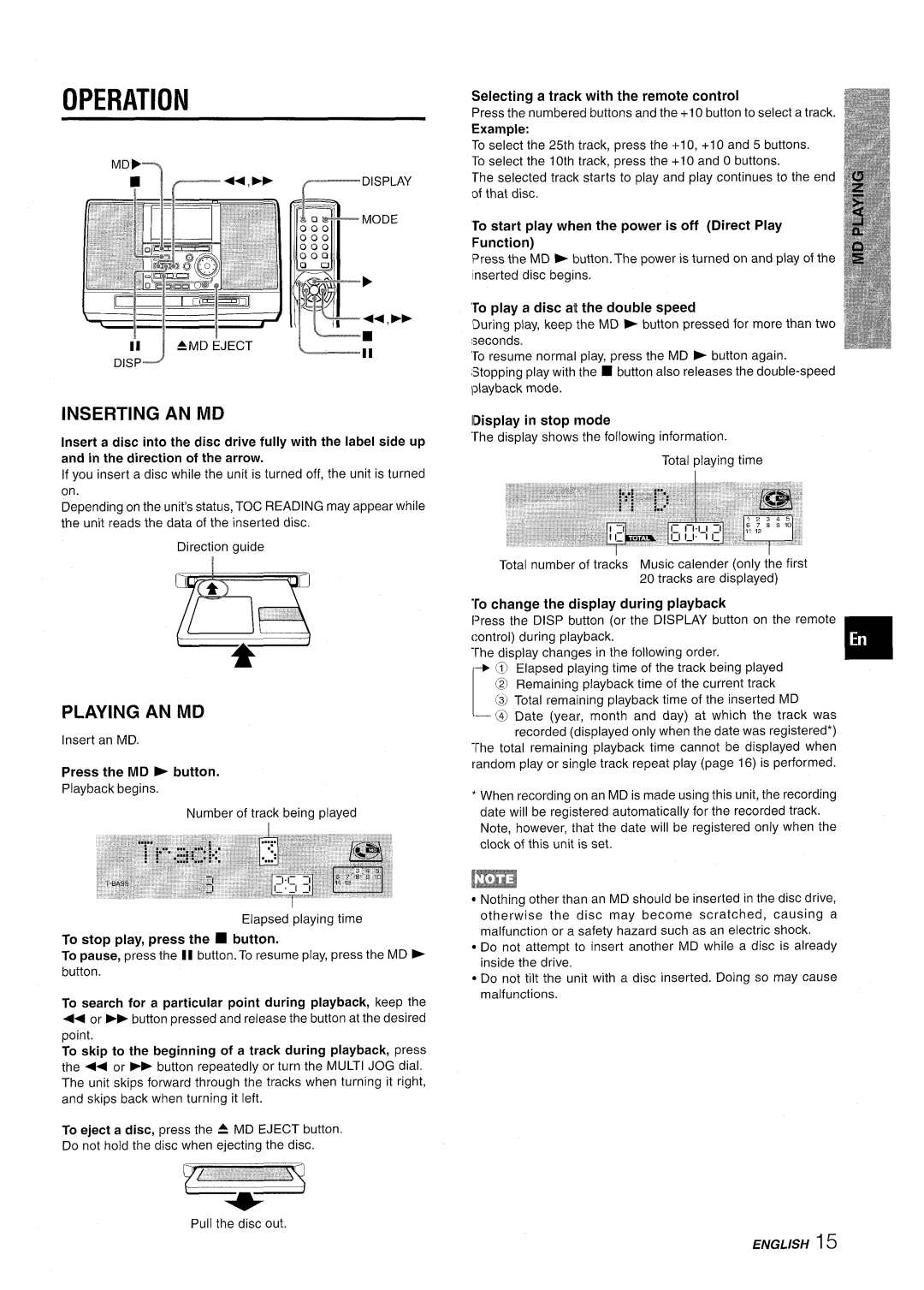 Aiwa CSD-MD50 manual Inserting An Md, Playing An Md, Operation, Press the MD button Playback begins, lDisplay in stop mode 