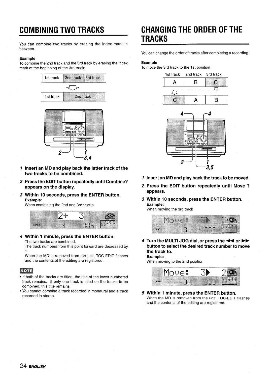 Aiwa CSD-MD50 manual Combining Two Tracks, Changing The Order Of The Tracks, JI 7 Q---3,4, f--4, J L ,5‘ 