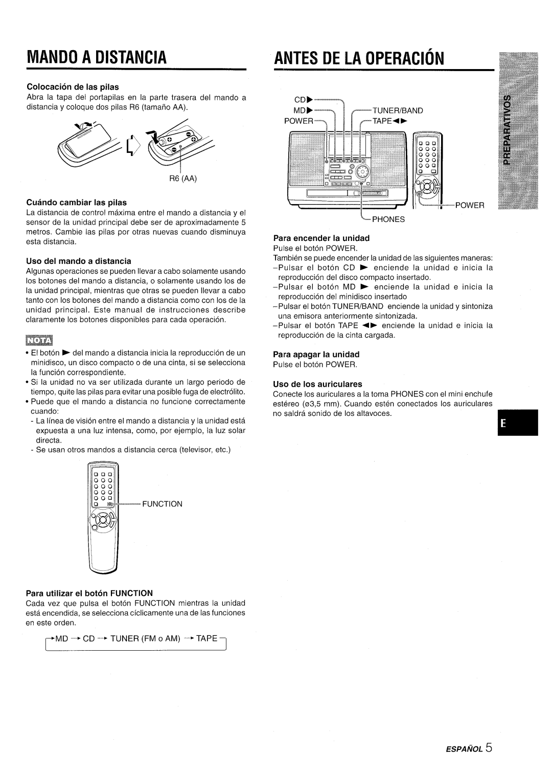 Aiwa CSD-MD50 manual Mando A Distancia, Antes De La Operacion, Colocacion de Ias pilas, Cuando cambiar Ias pilas, Espanol 