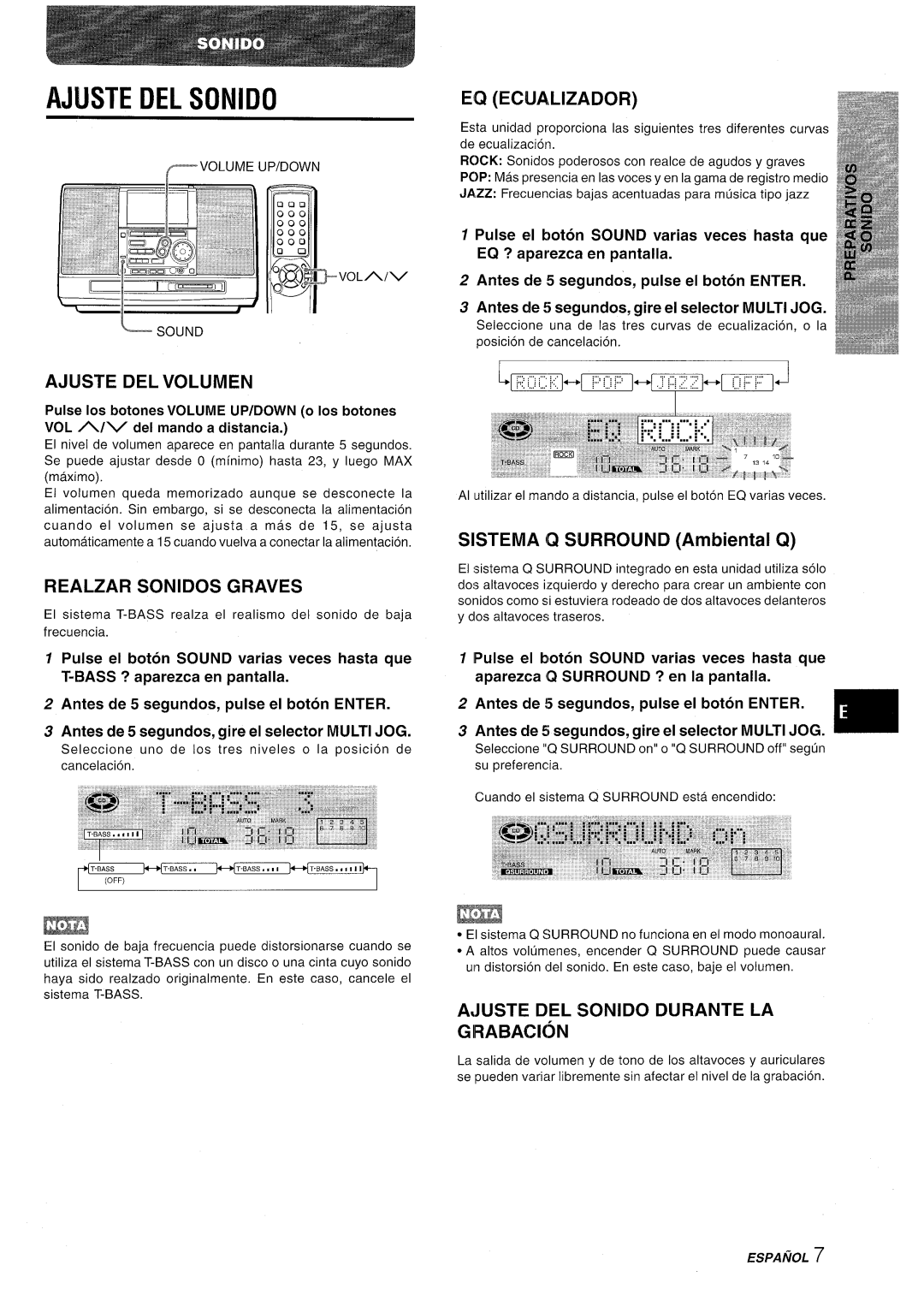 Aiwa CSD-MD50 manual Ajuste Del Sonido, Ajijste Del Volumen, Realzar Sonidos Graves, SISTEMA Q SURROUND Ambiental Q 