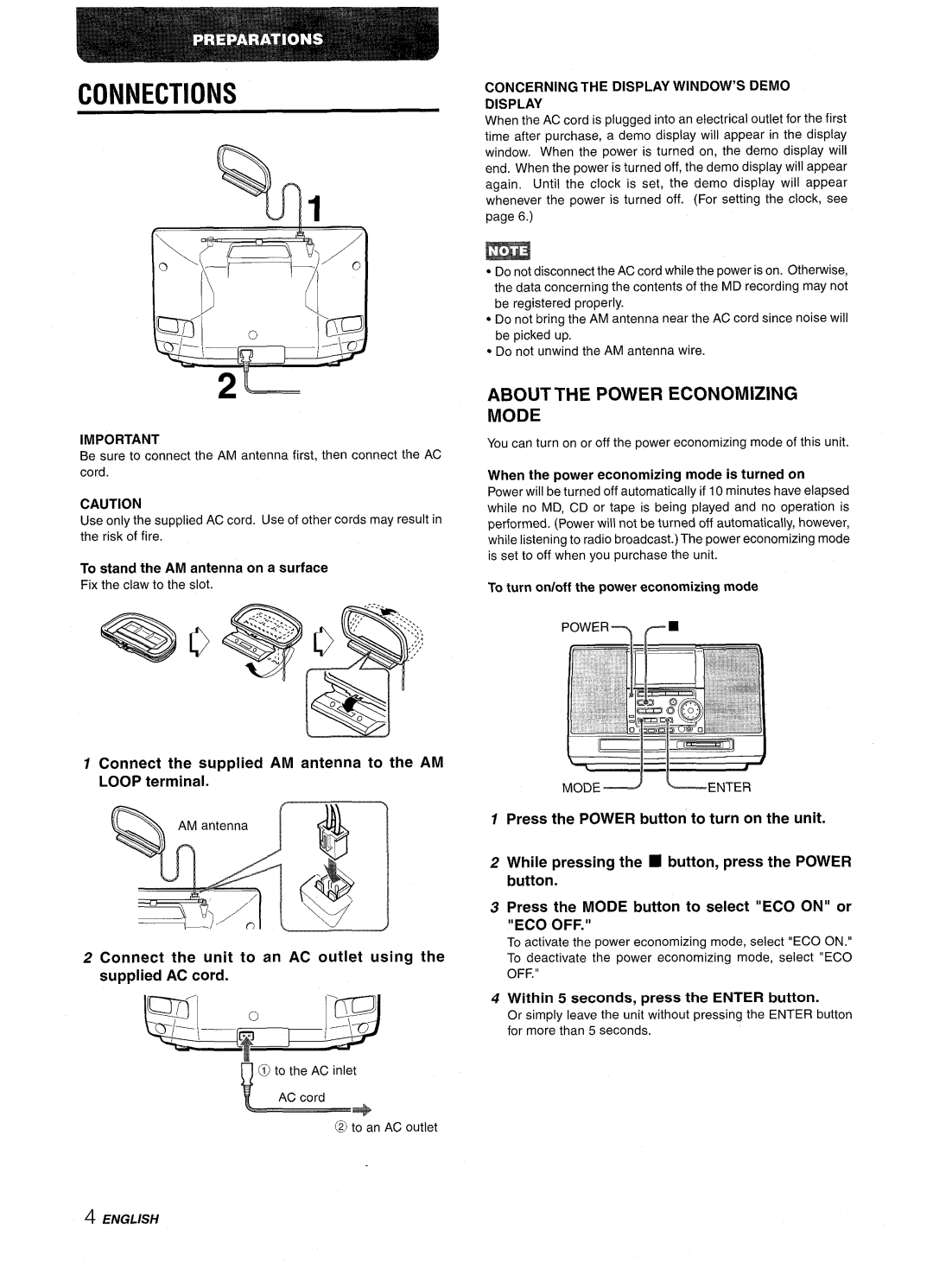 Aiwa CSD-MD50 manual Connections, About The Power Economizing Mode, To stand the AM antenna on a surface, English 