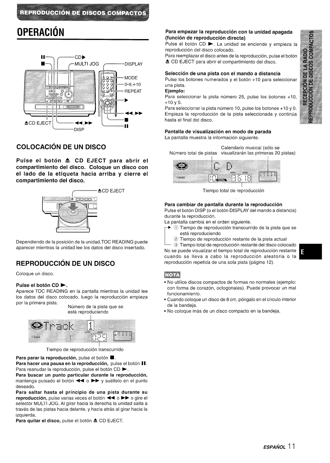 Aiwa CSD-MD50 manual Operacion, Colocacion De Un Disco, Reproduction De Un Disco, Pulse el boton CD E, Ejernplo, ESPAtiOL 