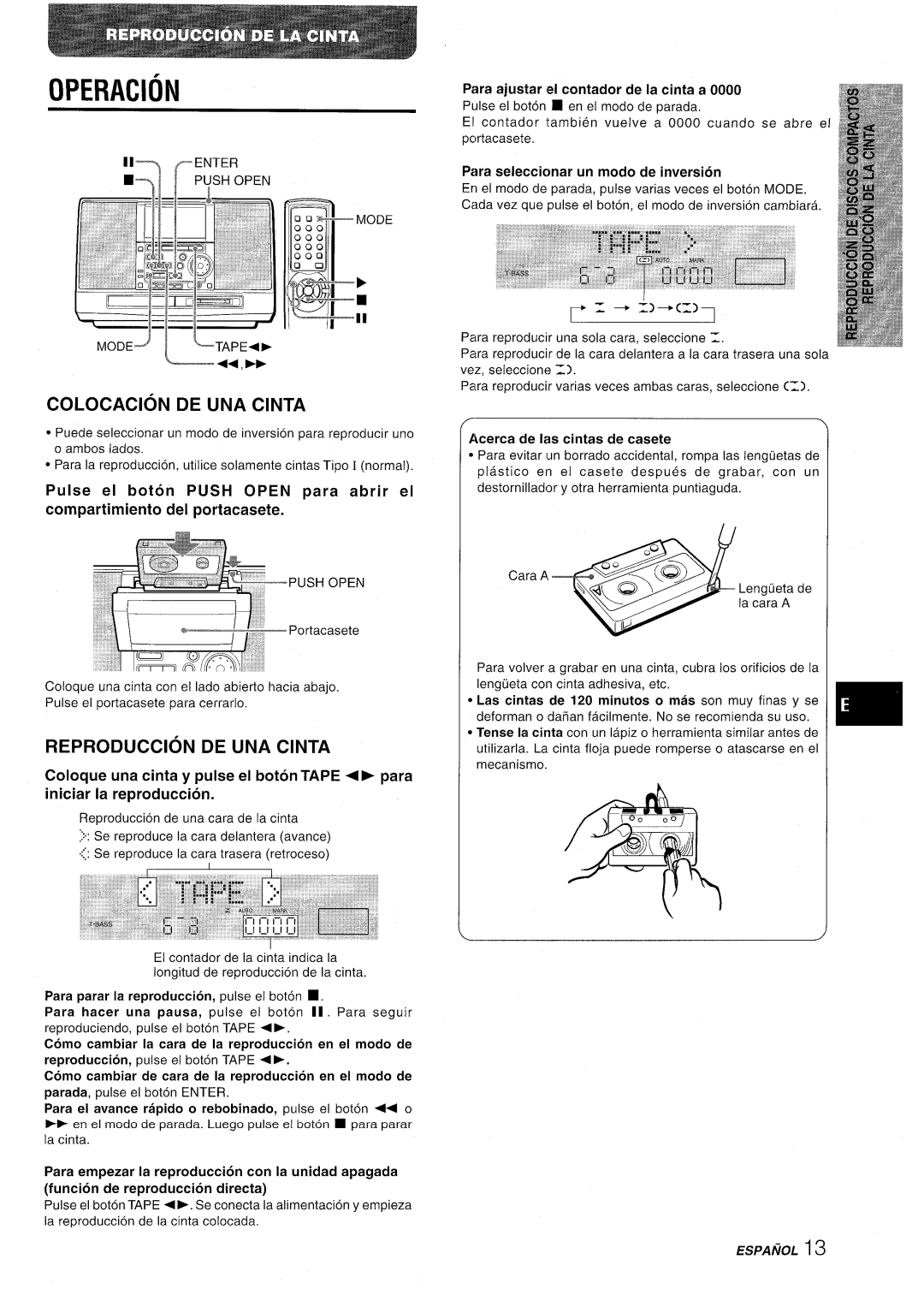 Aiwa CSD-MD50 manual Colocacion De Una Cinta, Reproduction De Una Cinta, Operacion, Para ajustar e! contador de la cinta a 