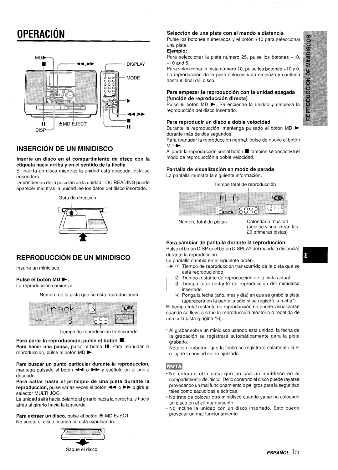 Aiwa CSD-MD50 manual Insercion De Un Minidisco, Reproduction De Un Minidisco, Operacion, Pulse el boton MD p, Ejemplo 