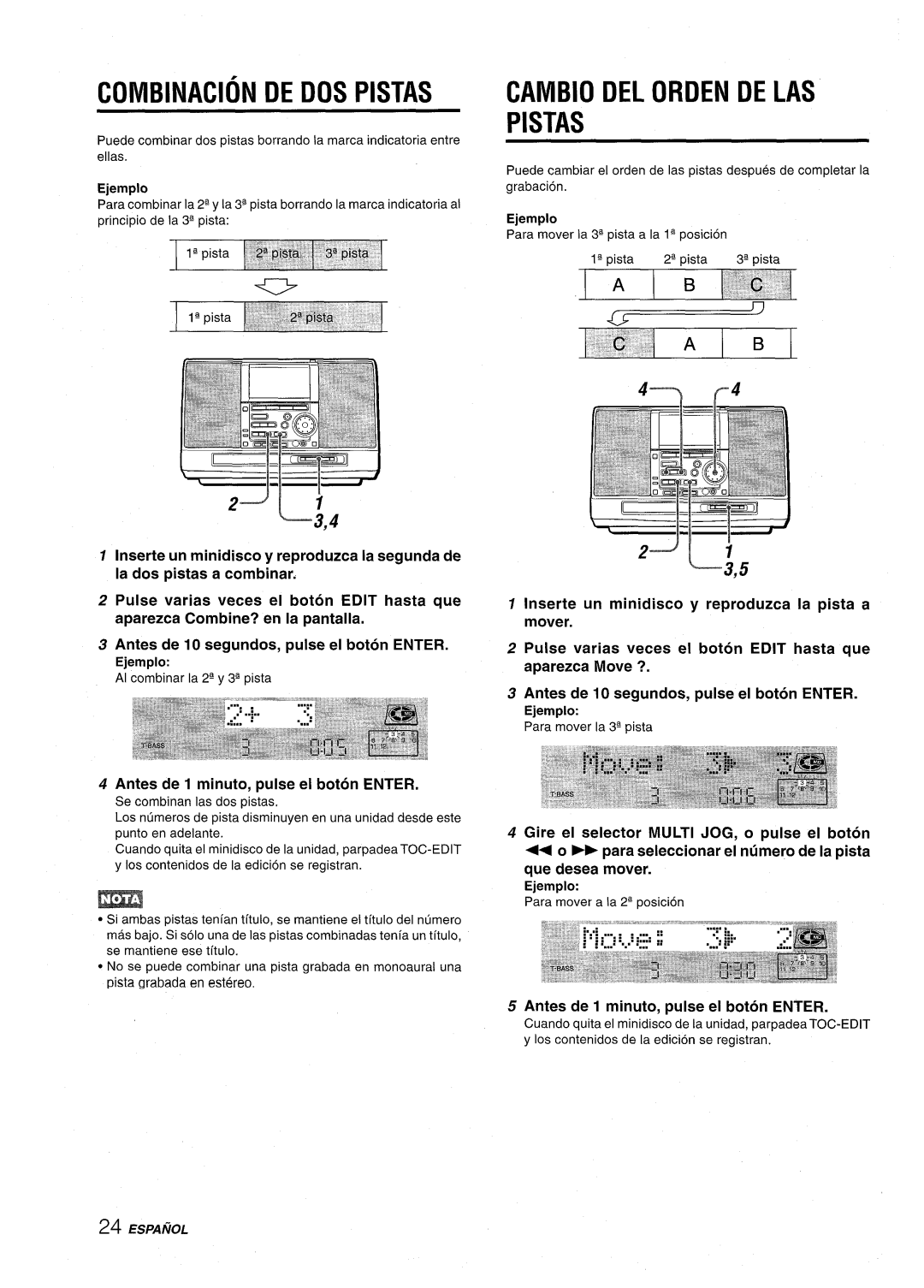 Aiwa CSD-MD50 manual Combination De Dos Pistas, Cambio Del Orden De Las Pistas, Ejemplo Para mover a la 24 position 