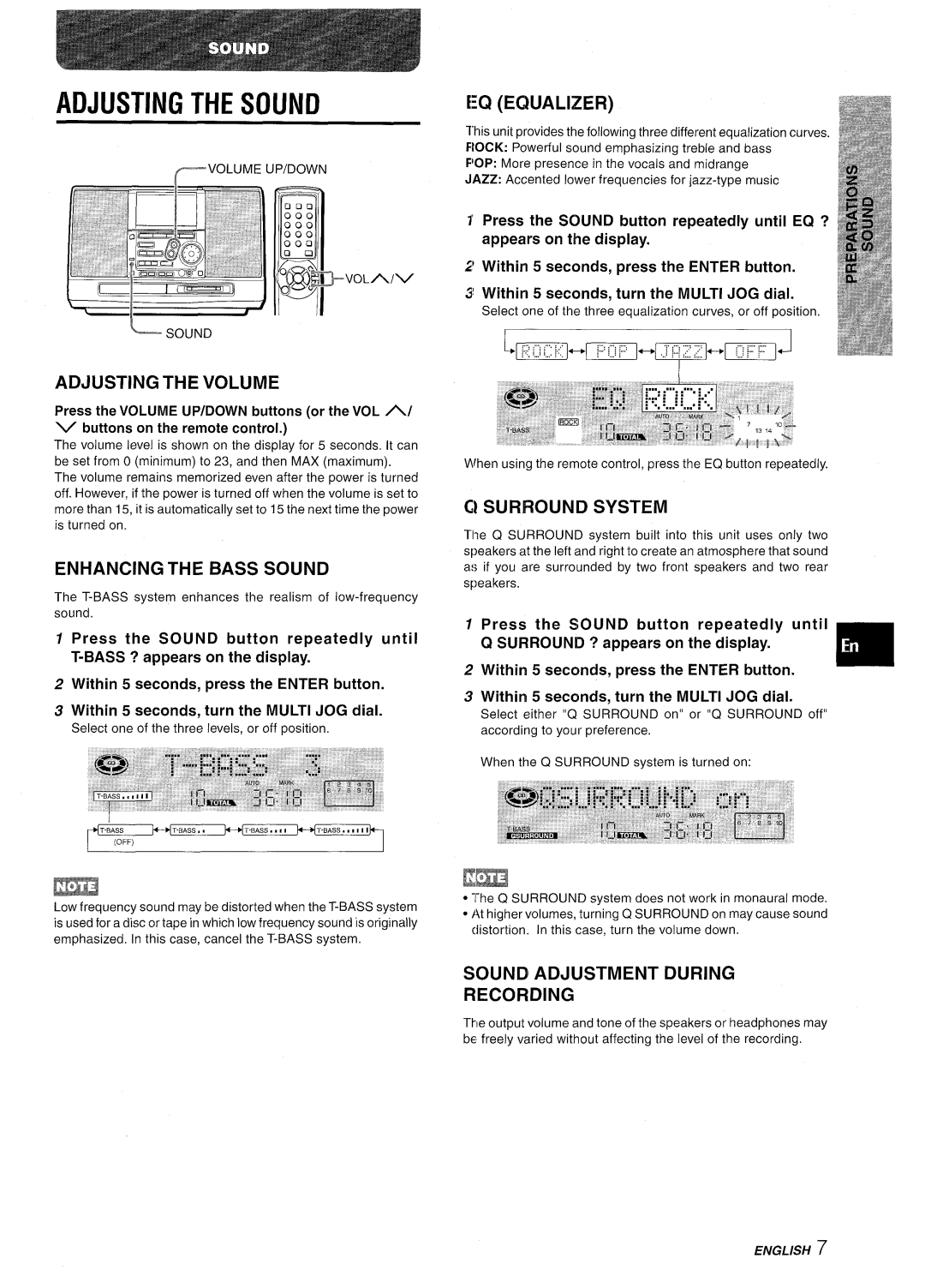 Aiwa CSD-MD50 manual Adjusting The Sound, Eq Equalizer, Adjusting The Volume, Enhancing The Bass Sound, C!Surround System 
