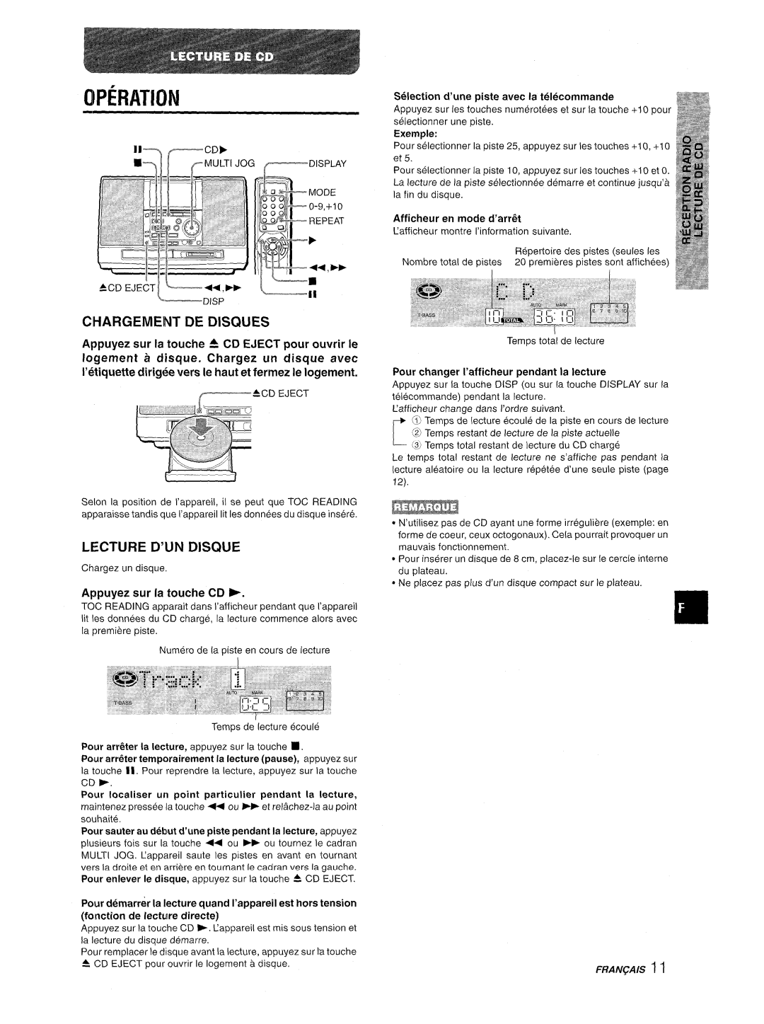 Aiwa CSD-MD50 manual Ci-Iargement De Discn.Jes, Lecture D’Un Disque, Operation, Selection d’une piste avec la tel@commande 