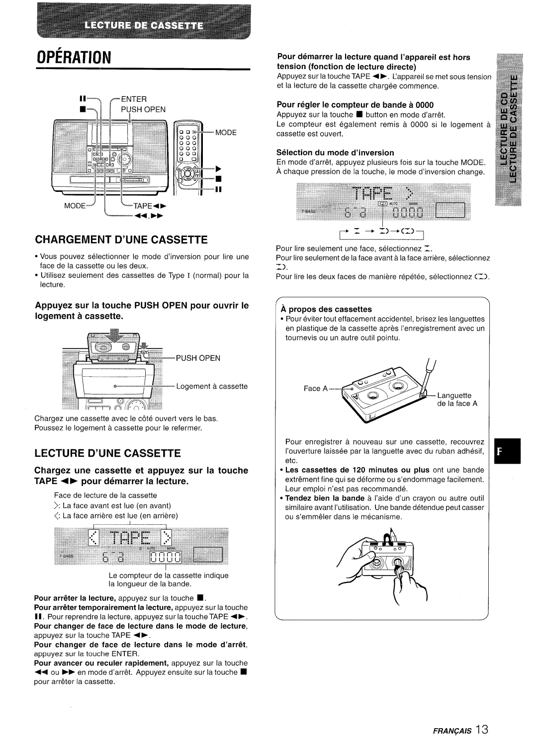 Aiwa CSD-MD50 manual Ci-Iargement D’Une Cassette, Lecture D’Ljne Cassette, Operation, Pour regler Ie compteur de bande a 
