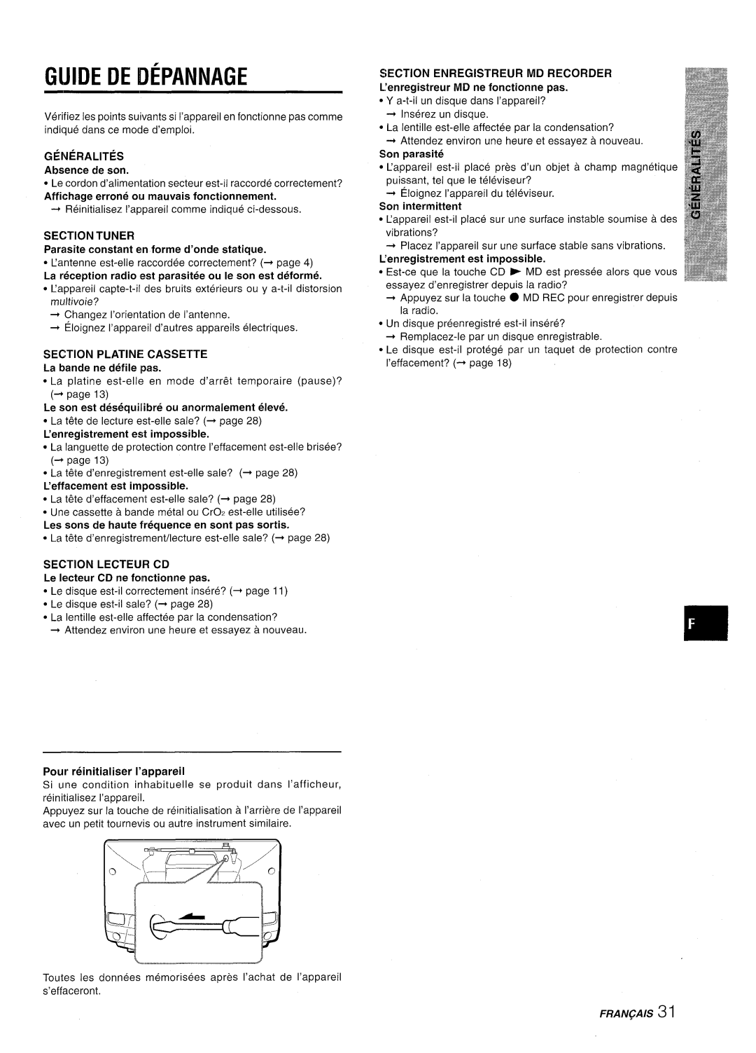 Aiwa CSD-MD50 manual Guide De Depannage, GENERALITIES Absence de son, Parasite constant en forme d’onde statique 