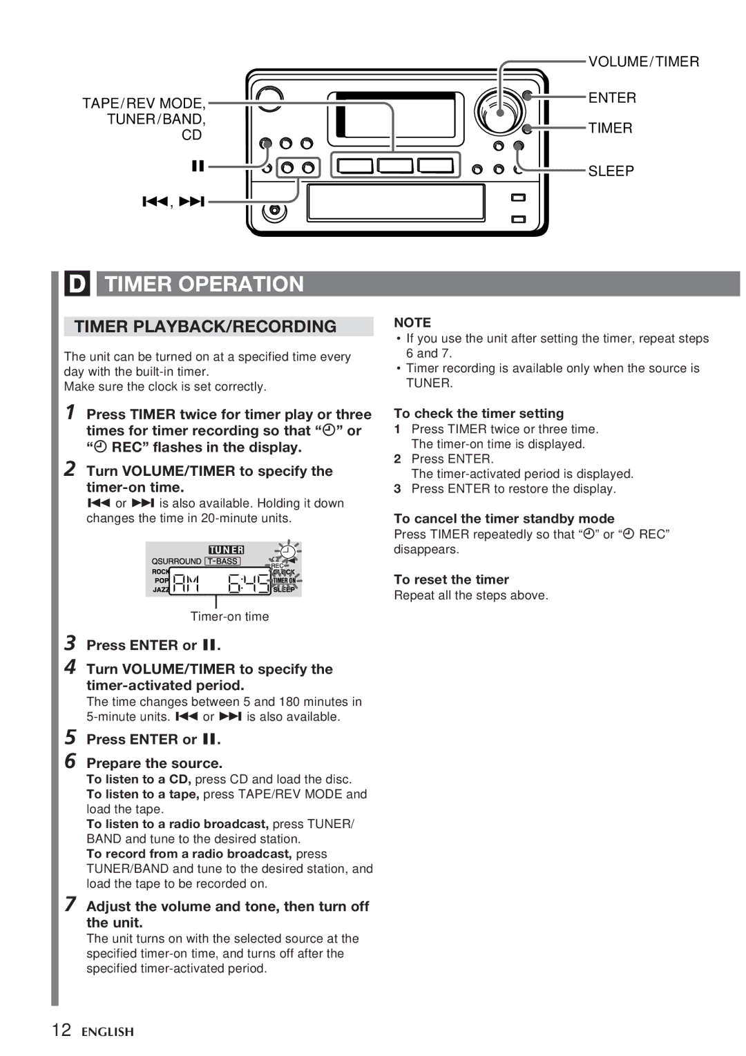 Aiwa CSD-NS1 operating instructions Timer Operation, Timer PLAYBACK/RECORDING, Press Enter or a Prepare the source 