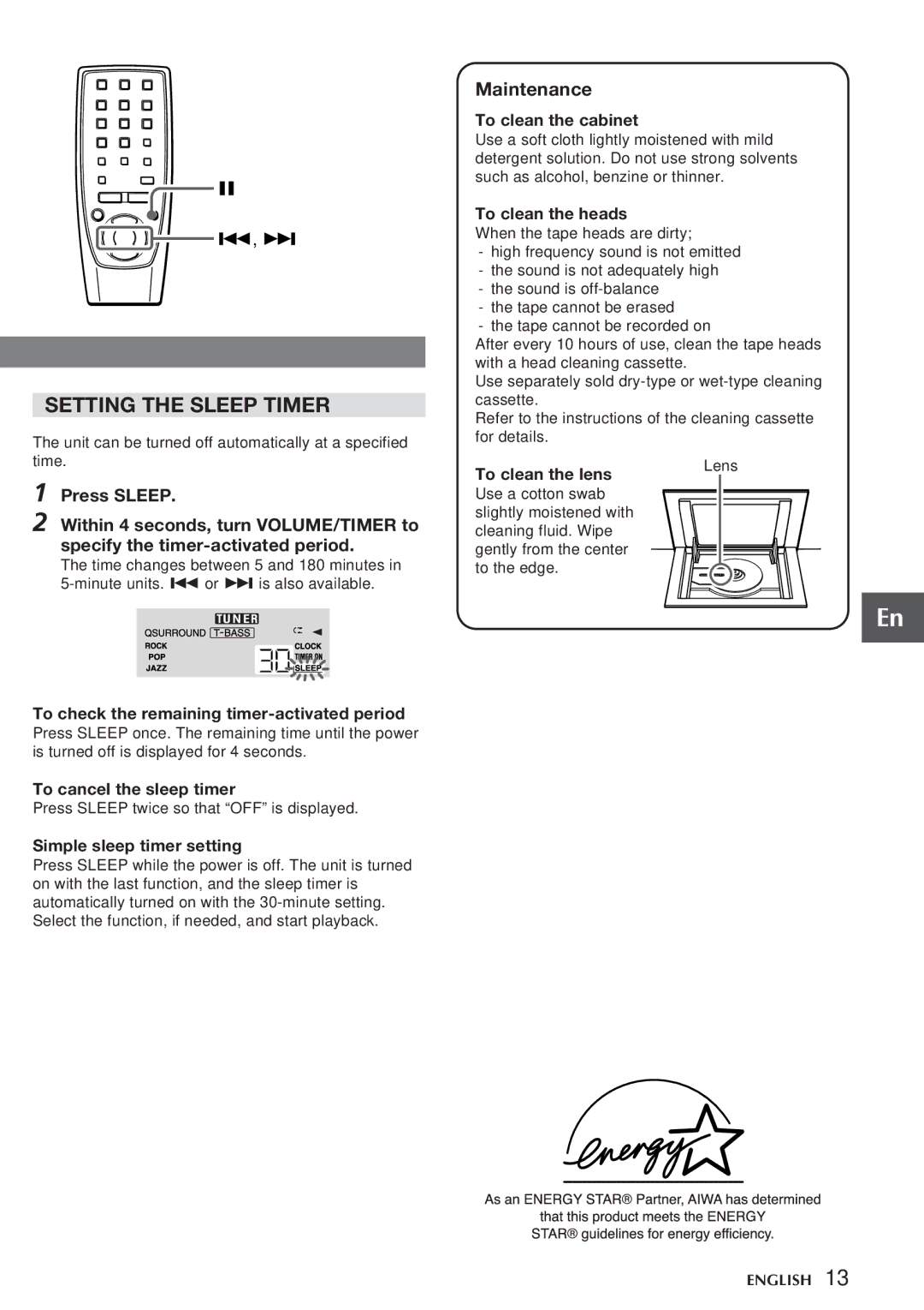 Aiwa CSD-NS1 operating instructions Setting the Sleep Timer, Maintenance 