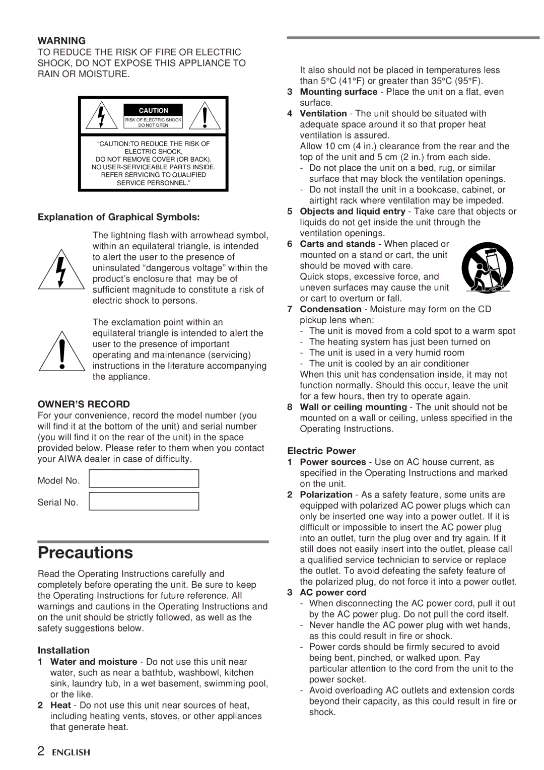 Aiwa CSD-NS1 Precautions, Explanation of Graphical Symbols, Installation, Electric Power, AC power cord 