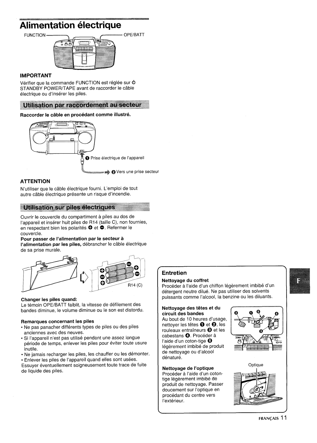 Aiwa CSD-SL15 Alimen~ation electrique, Flaccorder Ie ciible en procedant comme illustre, Remarques concernant Ies piles 