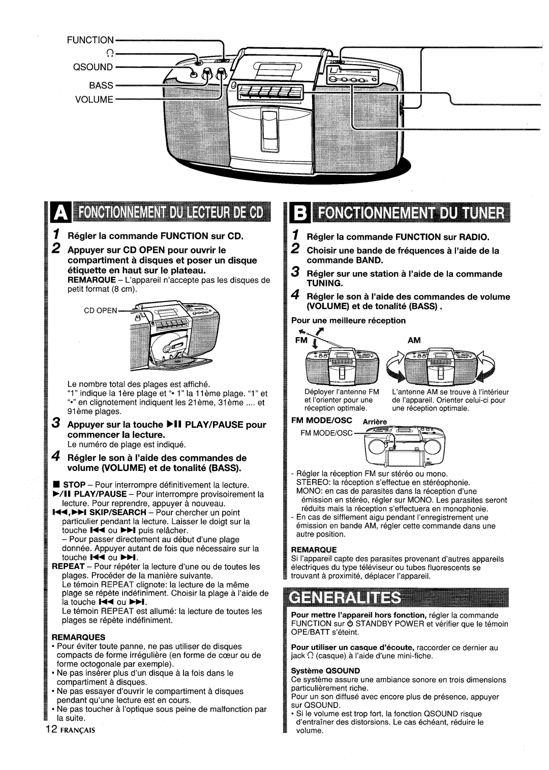 Aiwa CSD-SL15 manual Volfime Volume et de tonalite Bass, Regler la commande Function sur Radio 