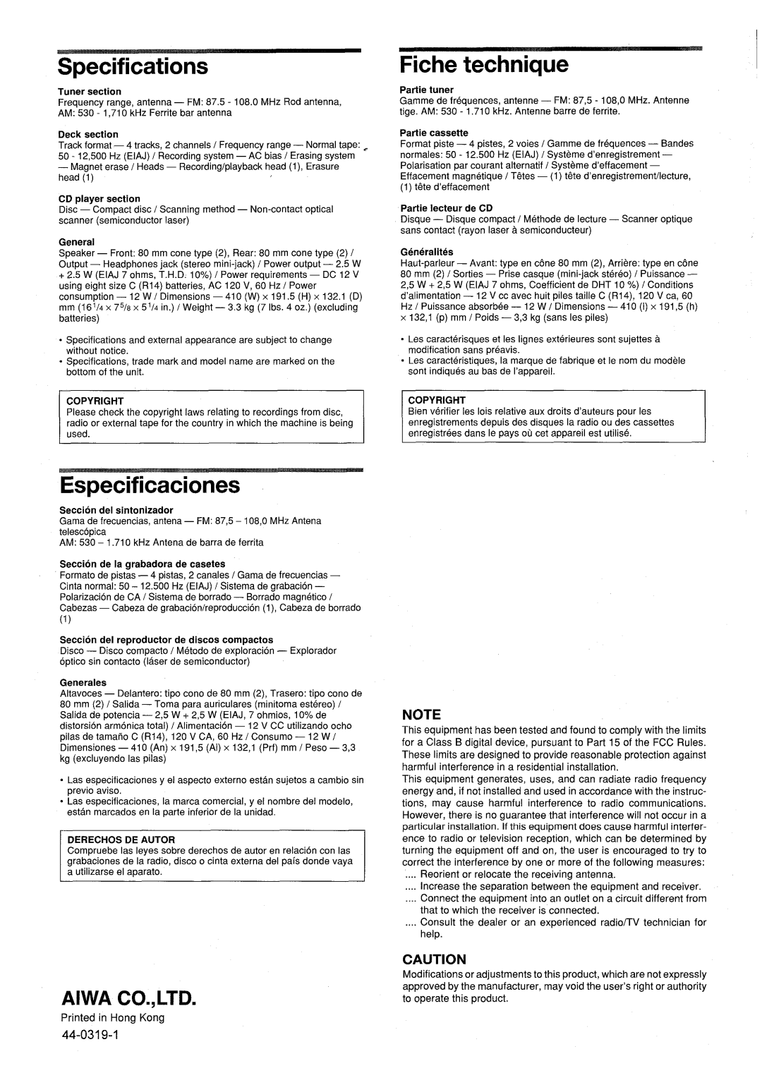 Aiwa CSD-SL15 manual Specifications, Fiche technique, Especificaciones 