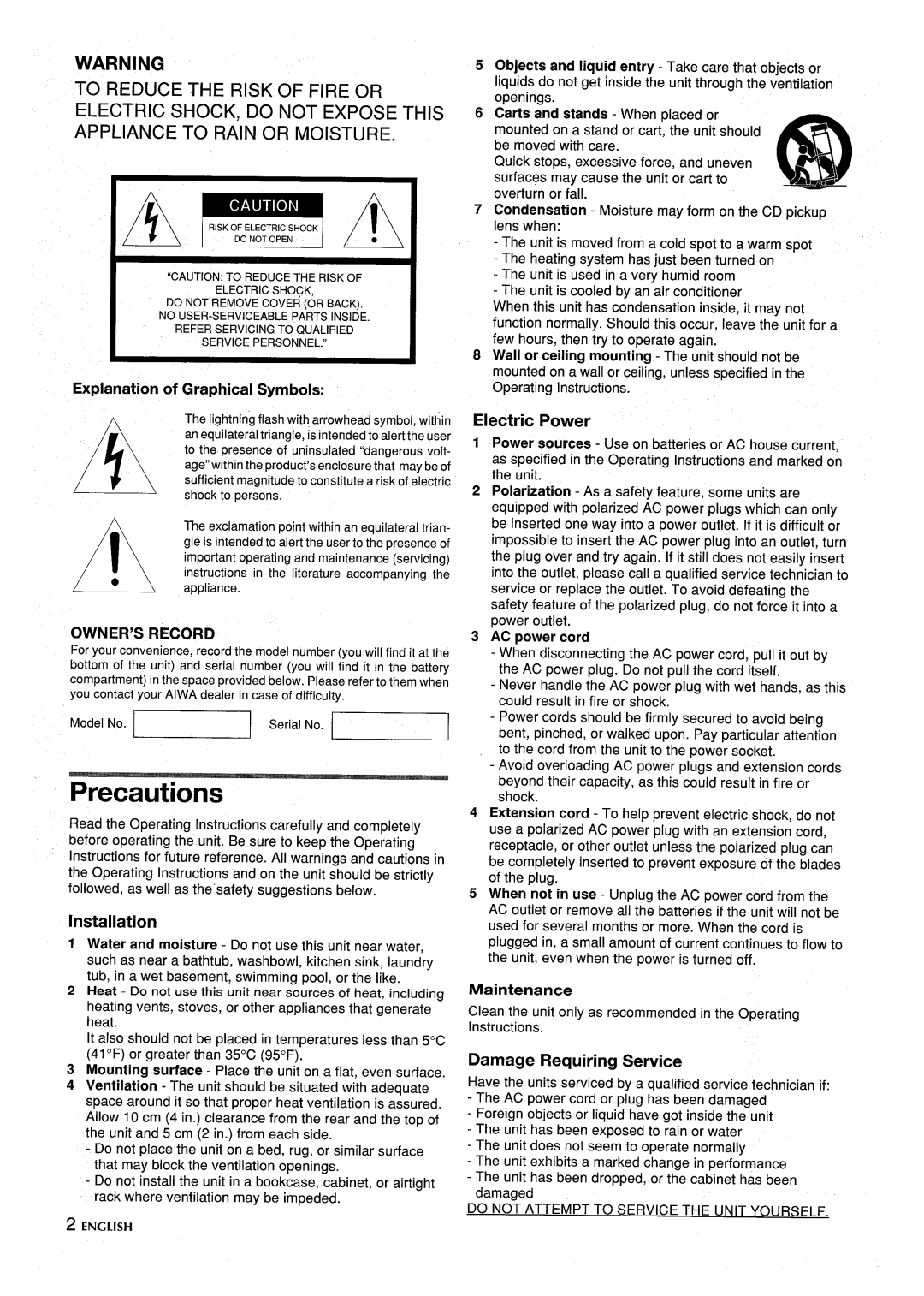 Aiwa CSD-SL15 manual Precautions, Electric Power, Installation, Damage Requiring Service 