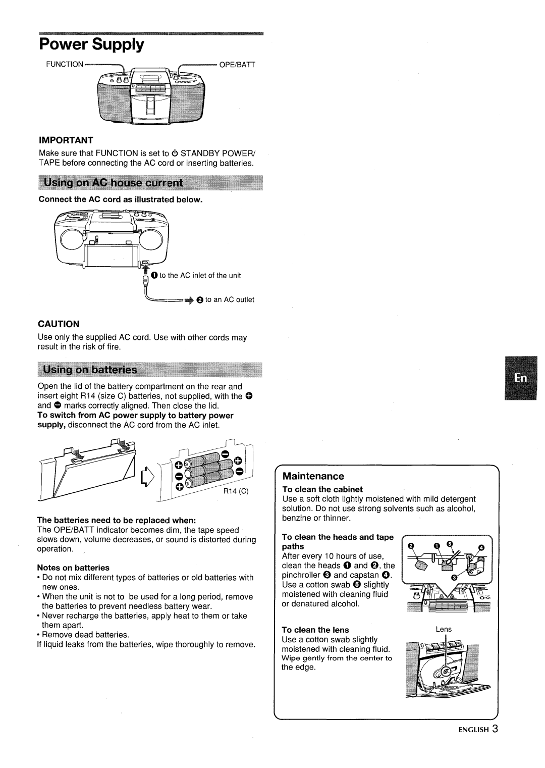 Aiwa CSD-SL15 manual Power Supply, Maintenance 