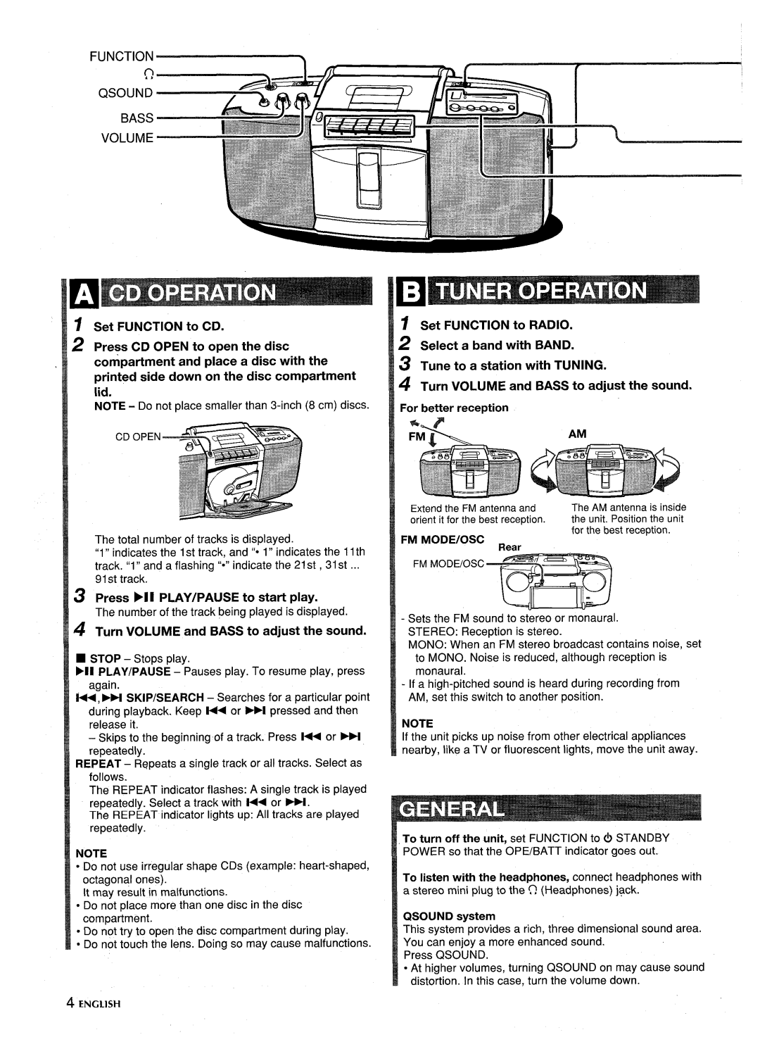 Aiwa CSD-SL15 manual Compartment and place a disc with, Printed side down on the disc compartment lid, Fm Mode/Osc 