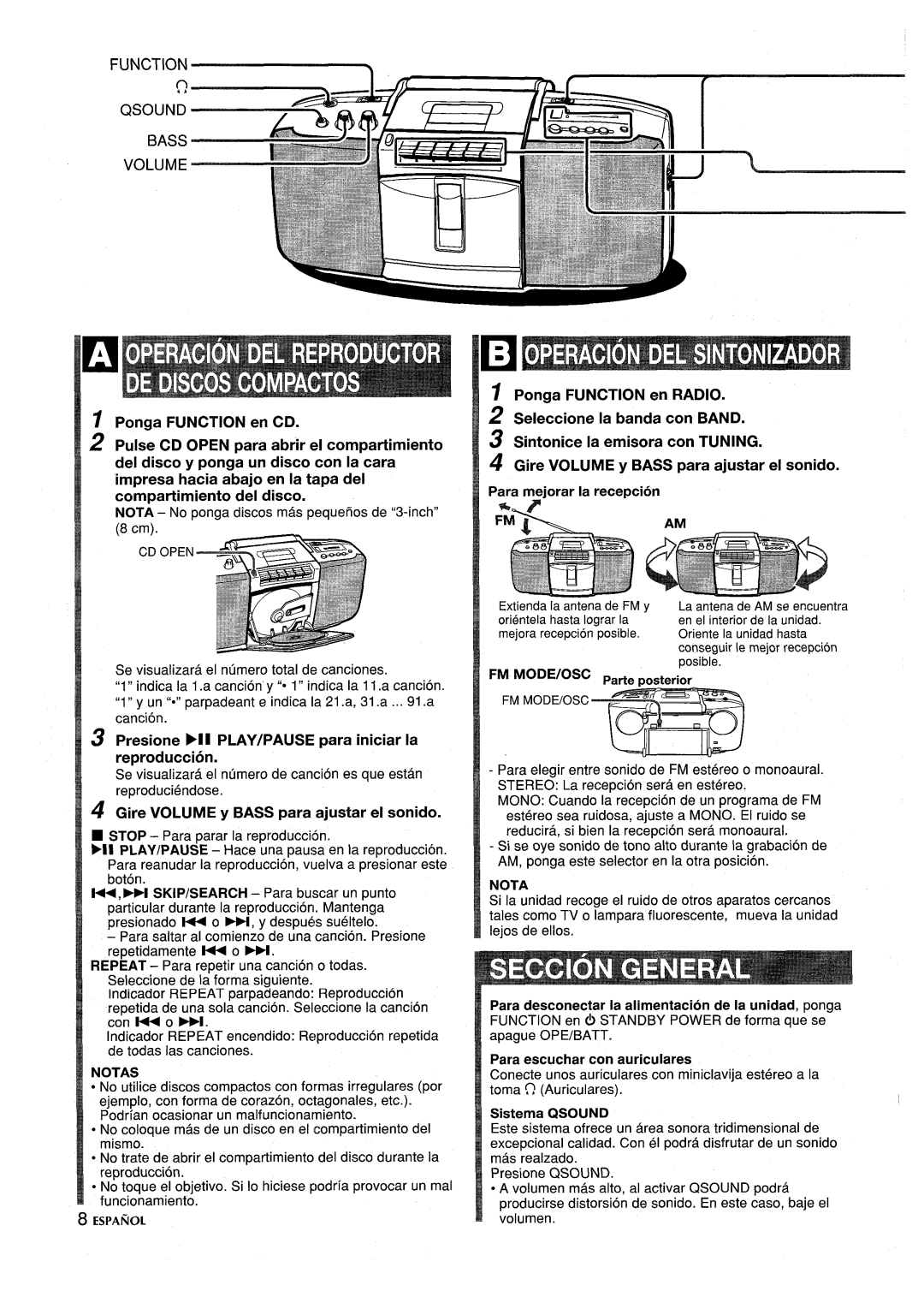 Aiwa CSD-SL15 manual Gire Volume y Bass para ajustar el sonido, Presione Fll PLAY/PAUSE para iniciar la reproduction, Notas 