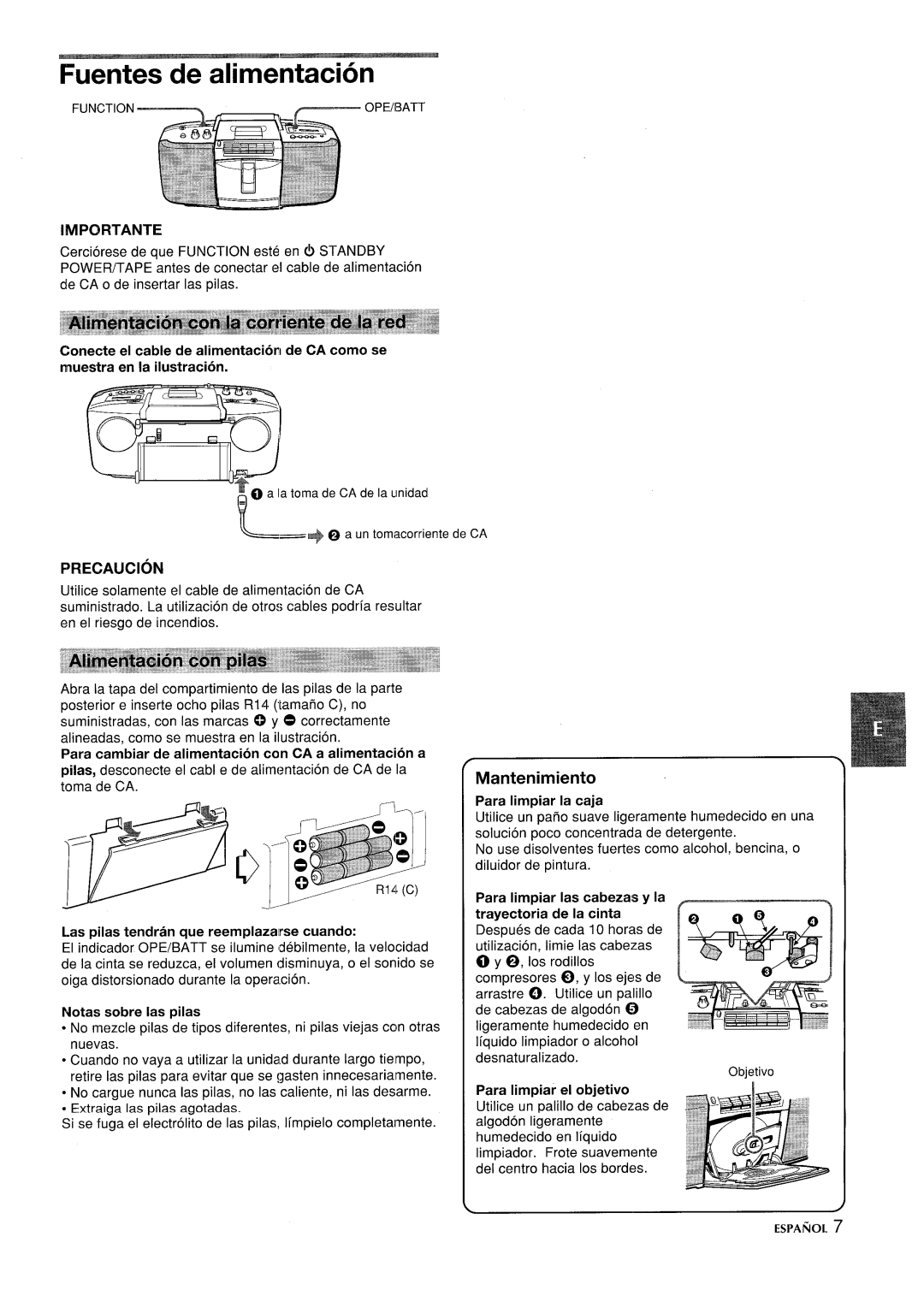 Aiwa CSD-SL15 manual Fuentes de alimentacion, Importante, Precaution, Para cambiar de alimentacion con CA a alimentacion a 